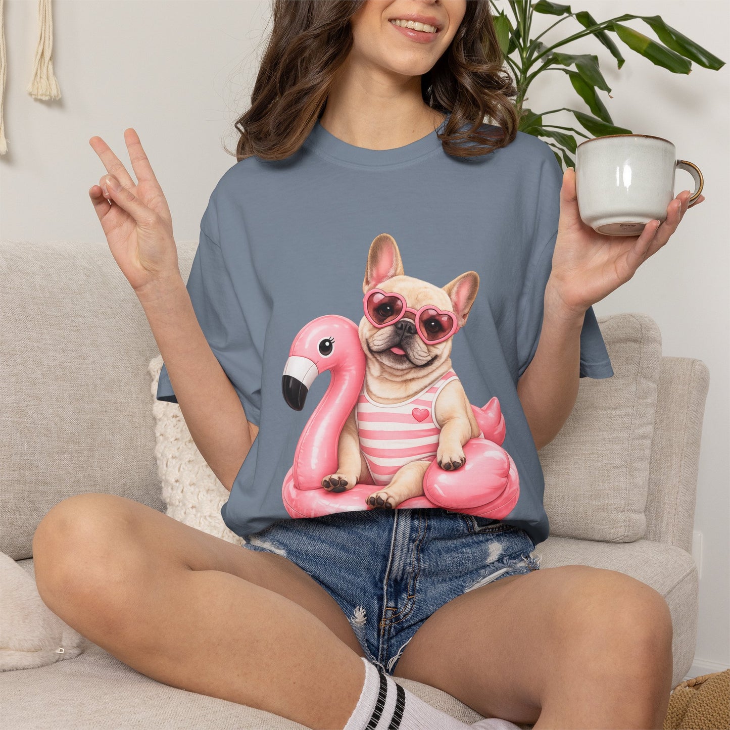 French Bulldog on Pink Flamingo Float T-Shirt — Cute Summer Dog Tee
