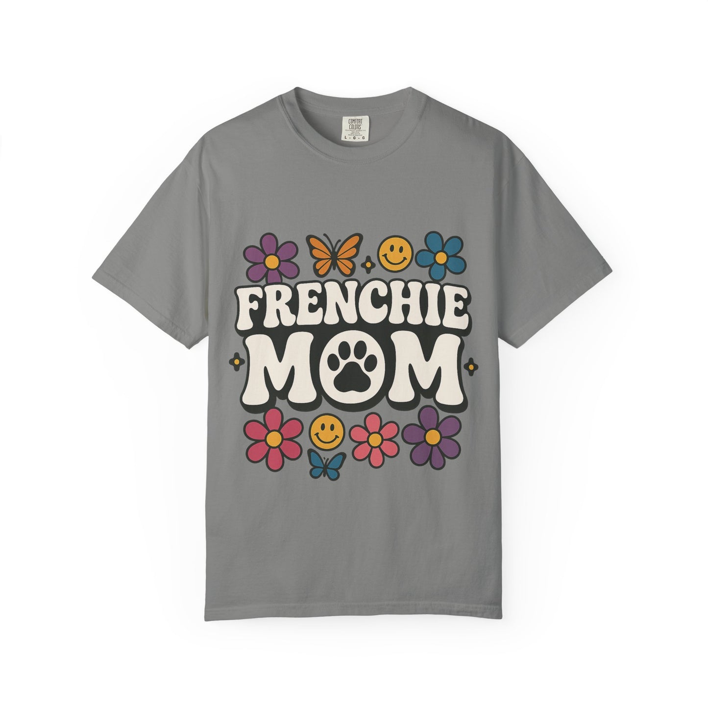 Frenchie Mom T-Shirt | Retro Groovy Dog Lover Tee | Smiley Flower French Bulldog Shirt | Cute Colorful Frenchie Gift for Her