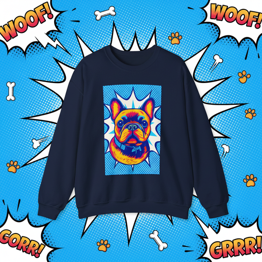 Pop Art French Bulldog Pullover | Colorful Retro Frenchie Sweatshirt | Funky Dog Lover Gift | Unisex Bold Frenchie Graphic Sweater