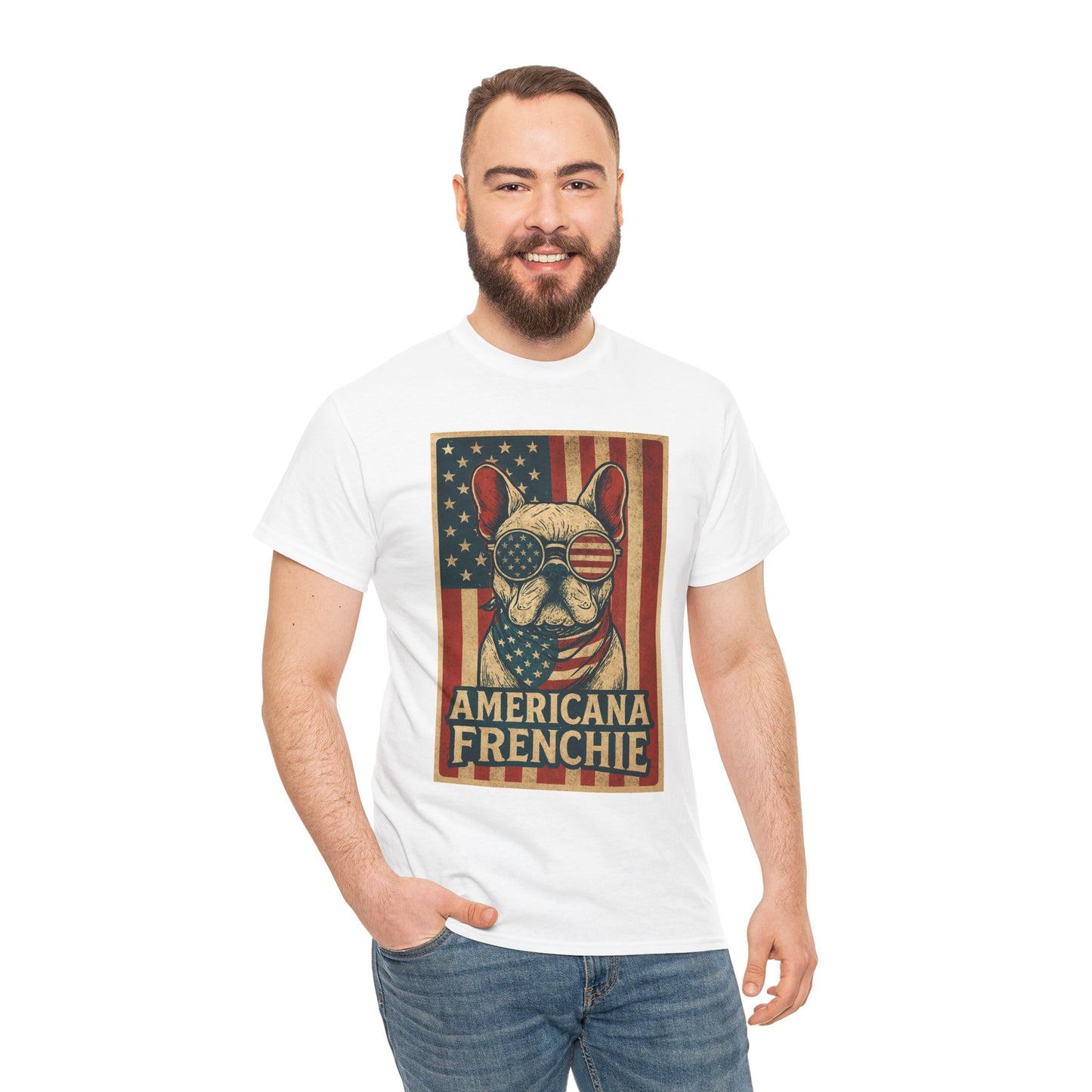 Americana Frenchie T-Shirt – Patriotic French Bulldog Tee, USA Flag Dog Shirt, 4th of July Frenchie Gift, Vintage Retro Style