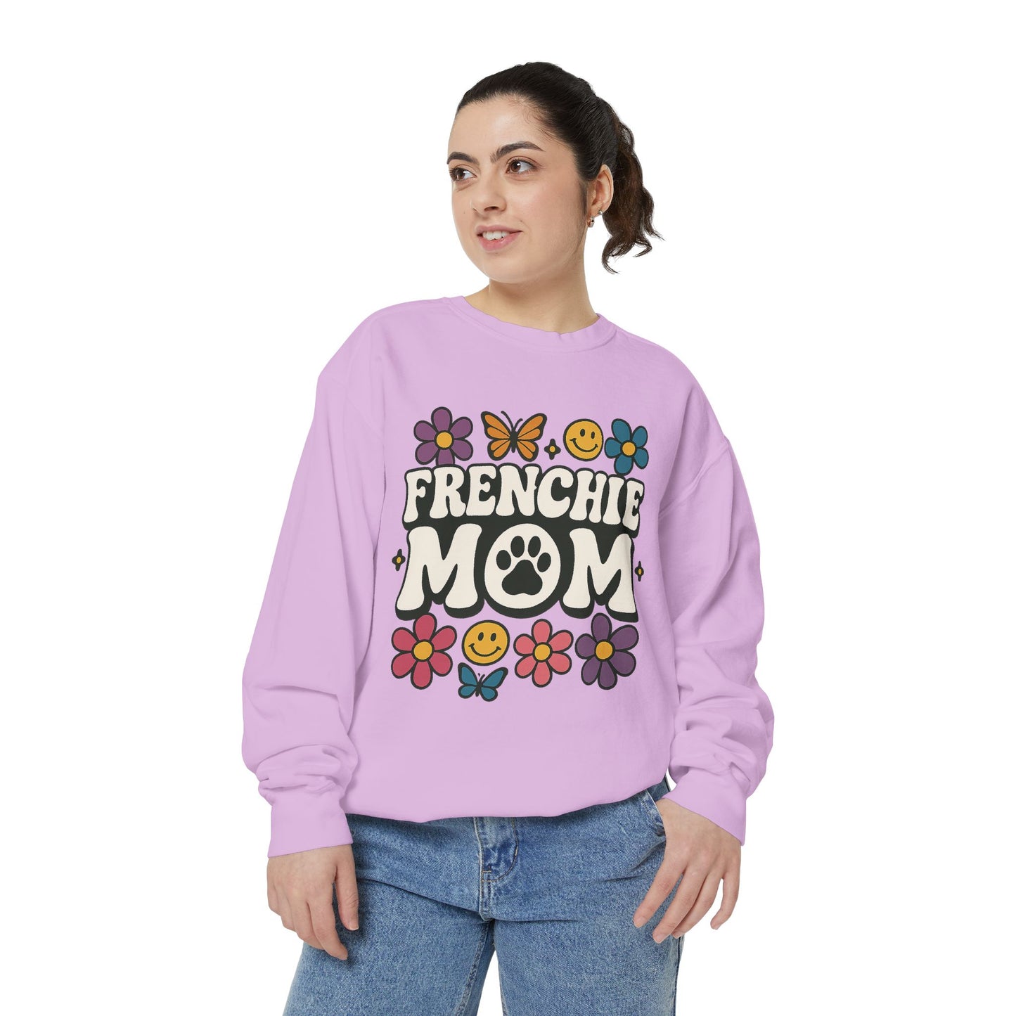 Frenchie Mom Sweatshirt | Retro Groovy Dog Lover Pullover | Smiley Flower French Bulldog Crewneck | Cute Colorful Dog Mom Sweater