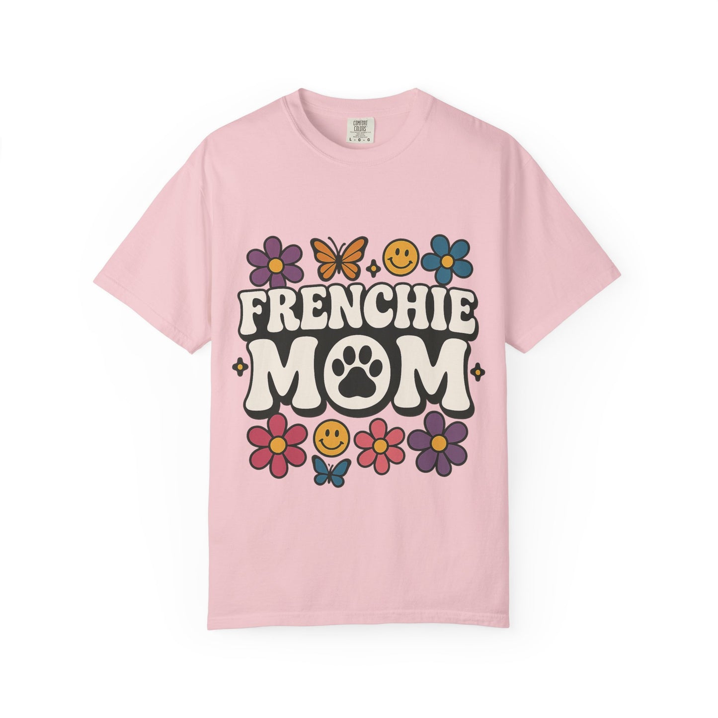 Frenchie Mom T-Shirt | Retro Groovy Dog Lover Tee | Smiley Flower French Bulldog Shirt | Cute Colorful Frenchie Gift for Her