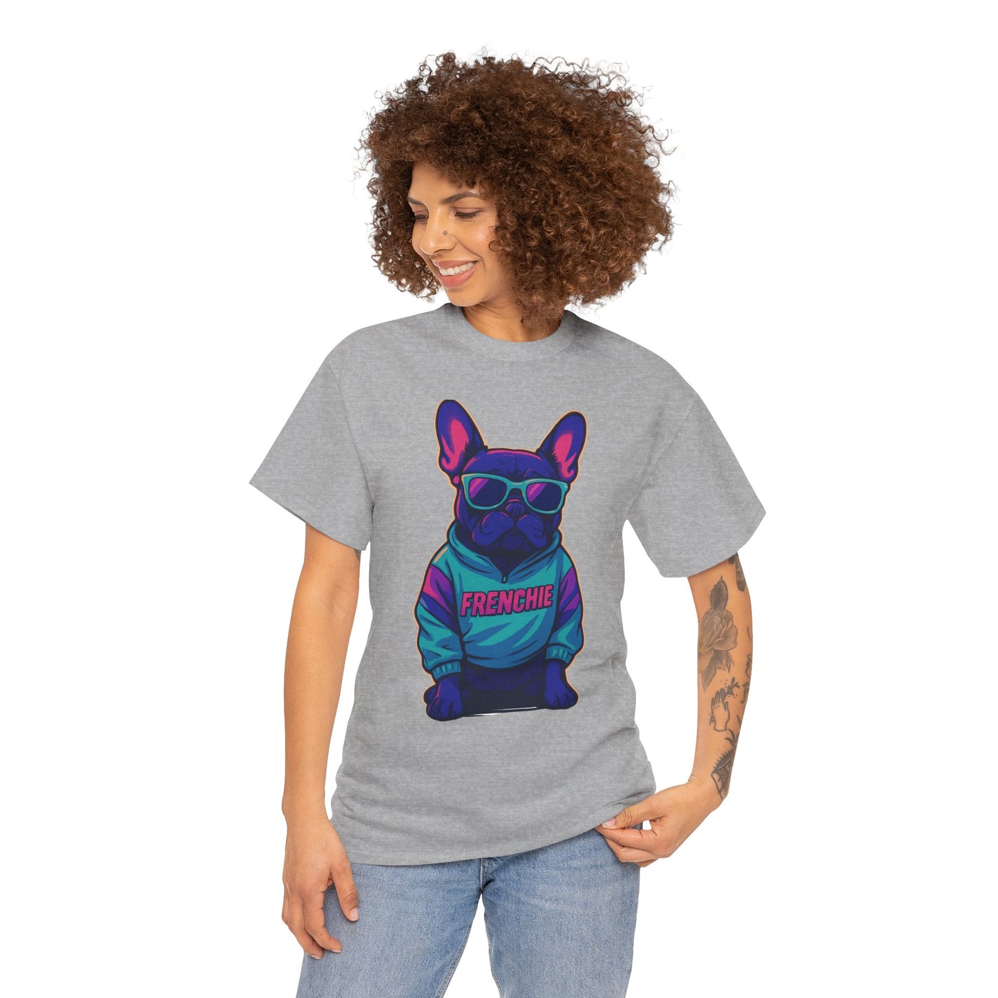 Vaporwave Frenchie T-Shirt | Retro Neon Dog Graphic | 80s Style French Bulldog Tee | Colorful Streetwear Gift for Dog Lovers | Cool Pet Apparel