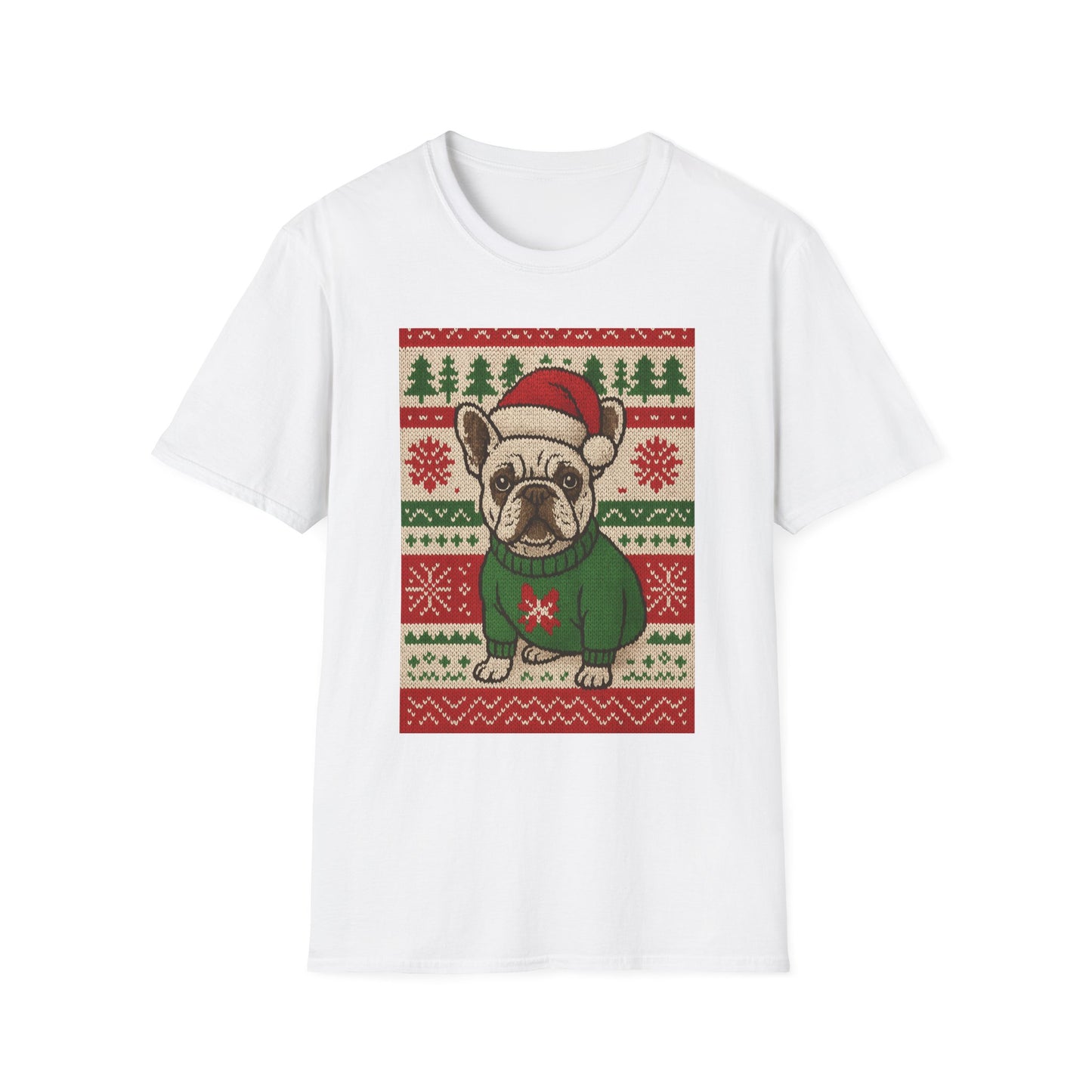 Frenchie Christmas T-Shirt – Cute French Bulldog Ugly Sweater Style Tee, Holiday Dog Lover Shirt, Funny Christmas Frenchie Gift