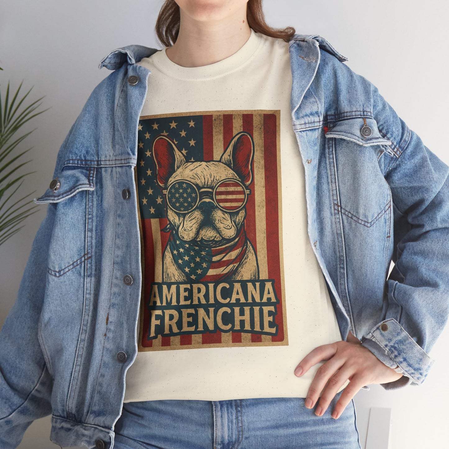 Americana Frenchie T-Shirt – Patriotic French Bulldog Tee, USA Flag Dog Shirt, 4th of July Frenchie Gift, Vintage Retro Style