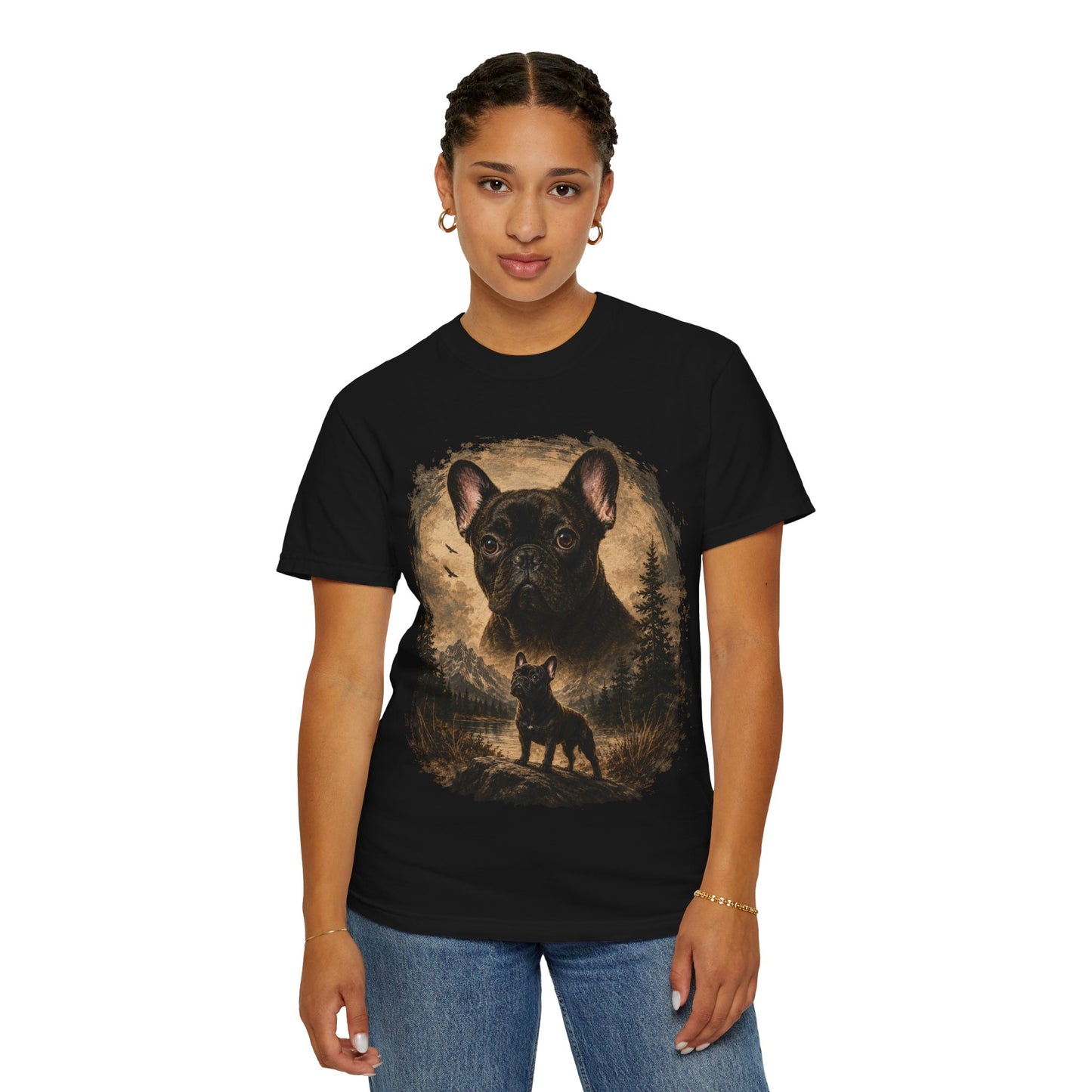 Black French Bulldog Shirt, Vintage Frenchie Nature Tee, Rustic French Bulldog Shirt, Dog Lover Gift, Frenchie Mountain Landscape Tee, Outdoors Dog Shirt, French Bulldog Art