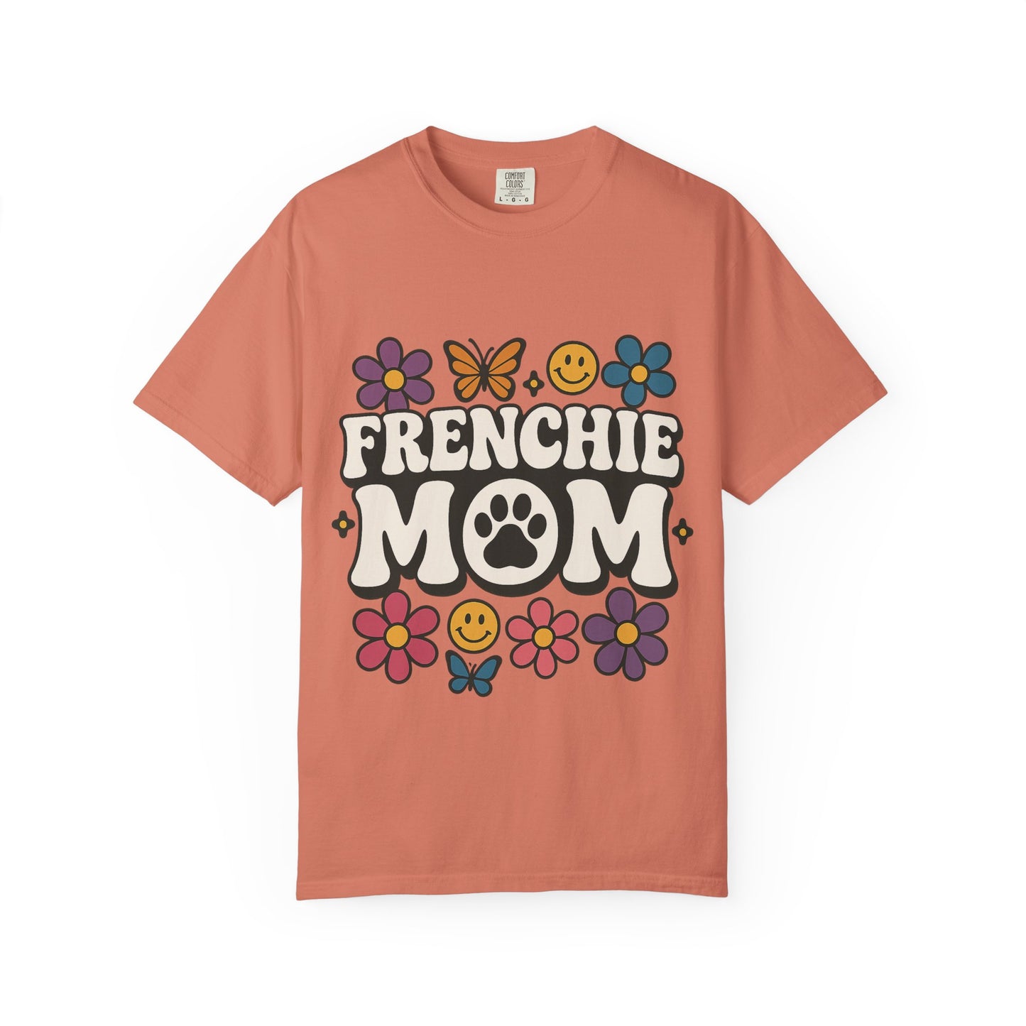 Frenchie Mom T-Shirt | Retro Groovy Dog Lover Tee | Smiley Flower French Bulldog Shirt | Cute Colorful Frenchie Gift for Her