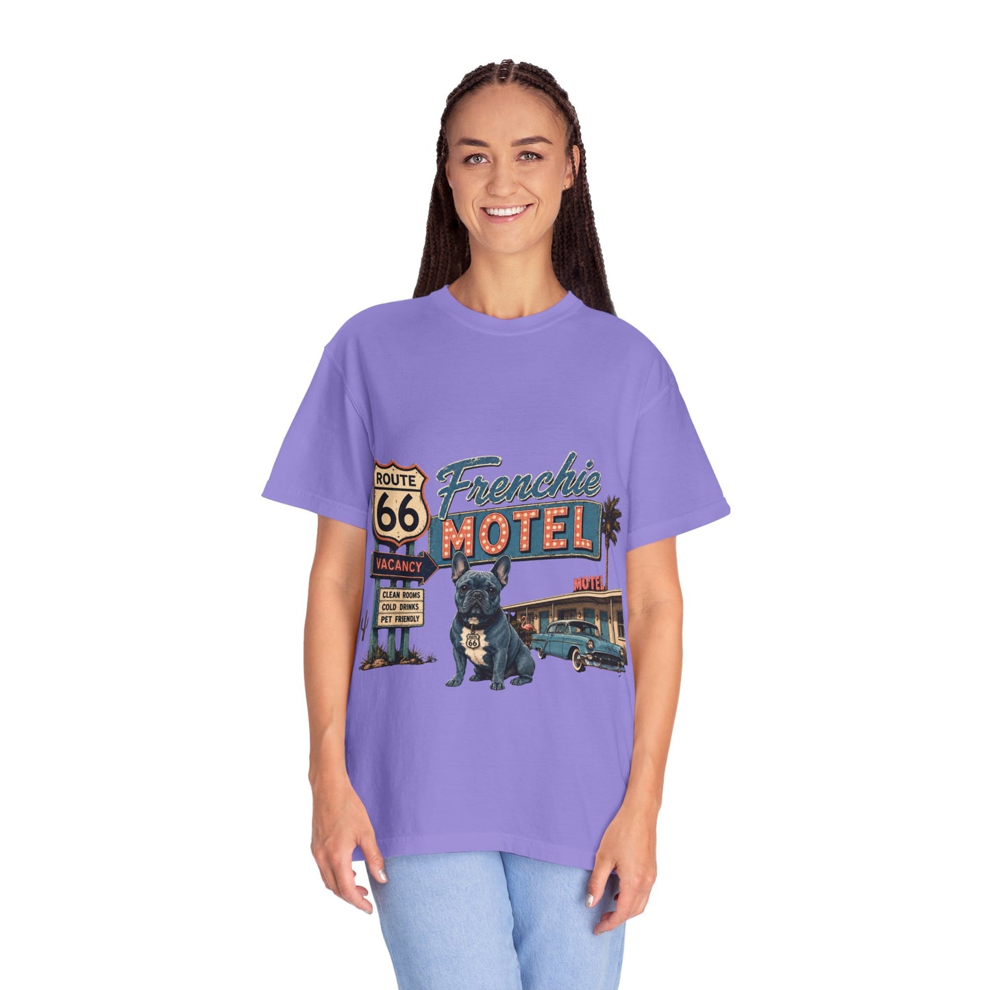 Route 66 Frenchie Motel Shirt, French Bulldog Retro Travel Tee, Vintage Road Trip Shirt, Dog Lover Graphic Tee, Route 66 Dog Shirt, Frenchie Motel T-Shirt, Retro Americana Gift