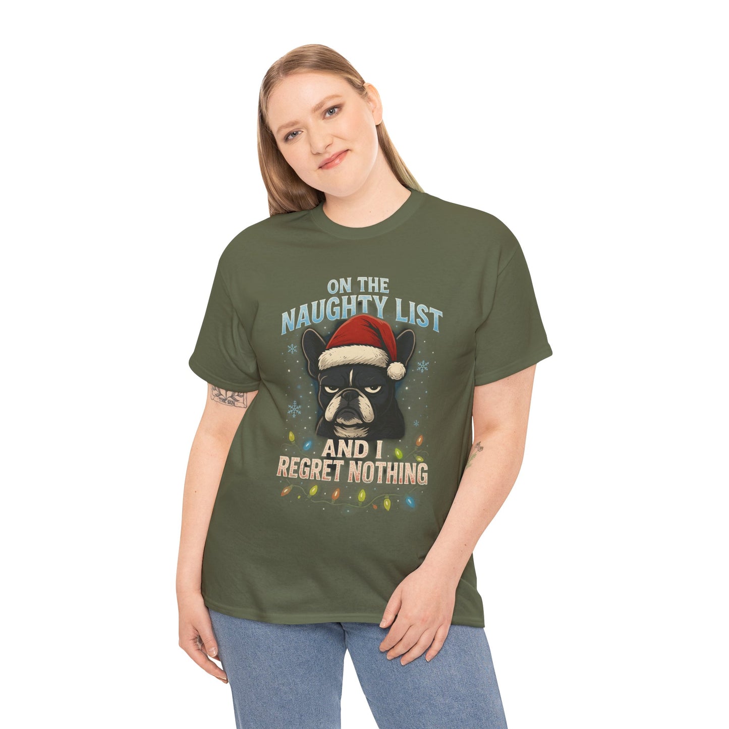 On The Naughty List Frenchie Christmas Shirt | Funny Holiday Dog Lover Tee | Grumpy French Bulldog Xmas Lights T-Shirt | Cute Pet Gift
