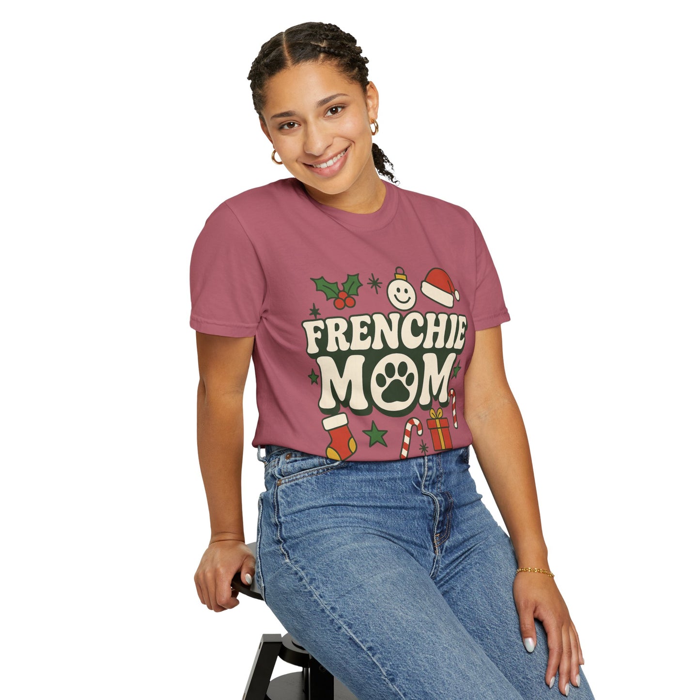 Merry Frenchie Mom T-Shirt | Christmas Dog Mom Tee | Festive French Bulldog Top | Cute Holiday Dog Lover Gift Shirt