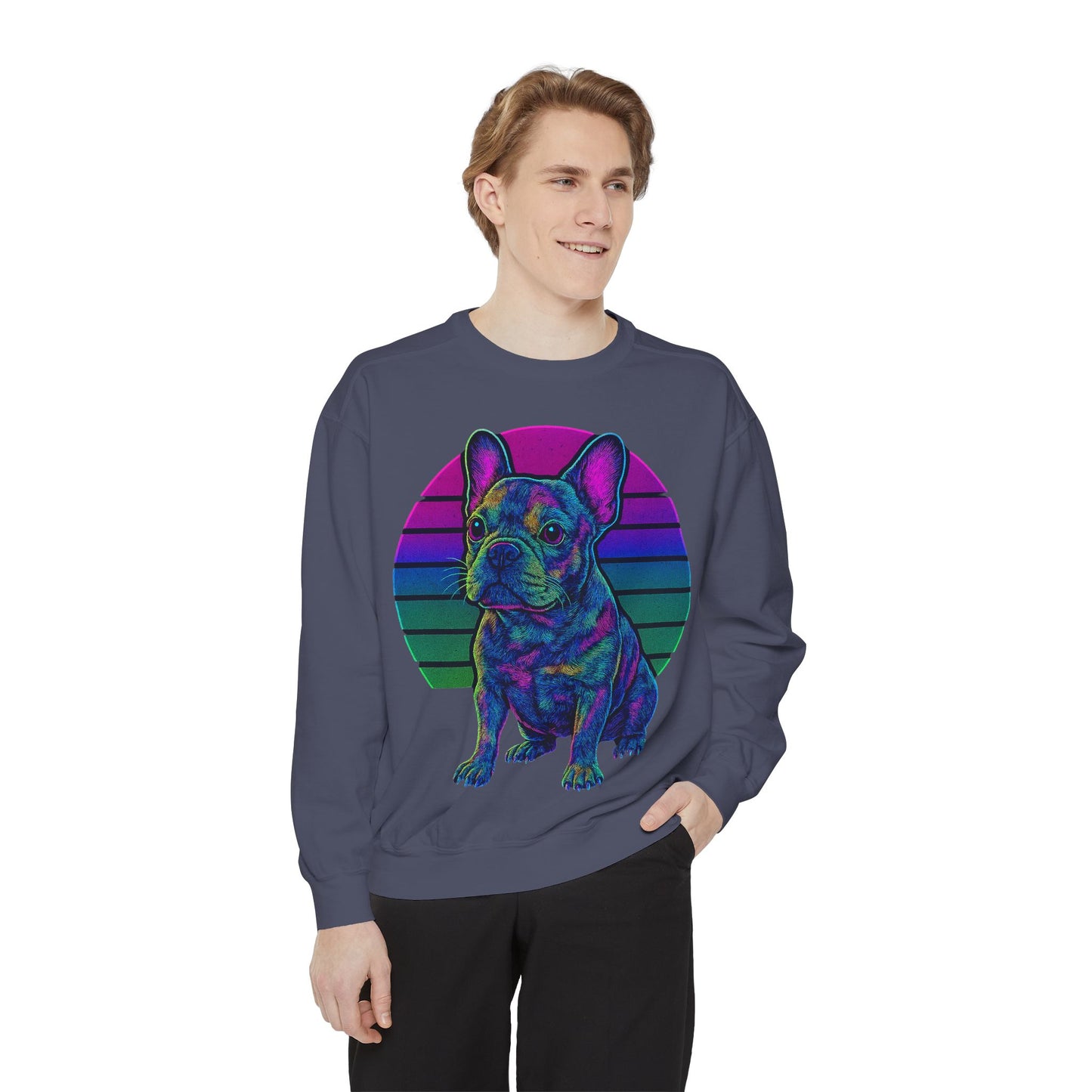 Neon French Bulldog Sweatshirt | Retro 80s Frenchie Pullover | Colorful Dog Lover Crewneck