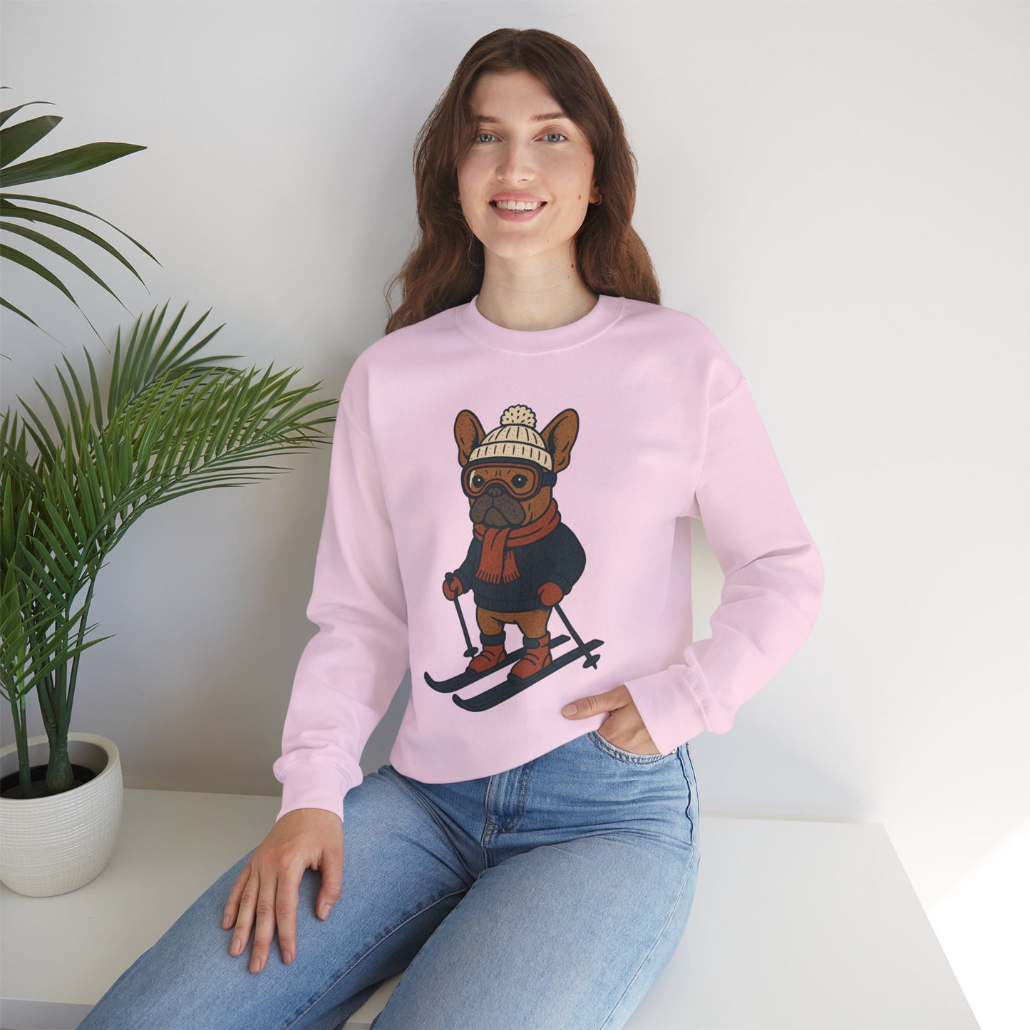Skiing Frenchie Sweatshirt – Cute Winter French Bulldog Pullover, Cozy Ski Dog Sweater, Funny Dog Lover Gift, Winter Sports Bulldog Crewneck