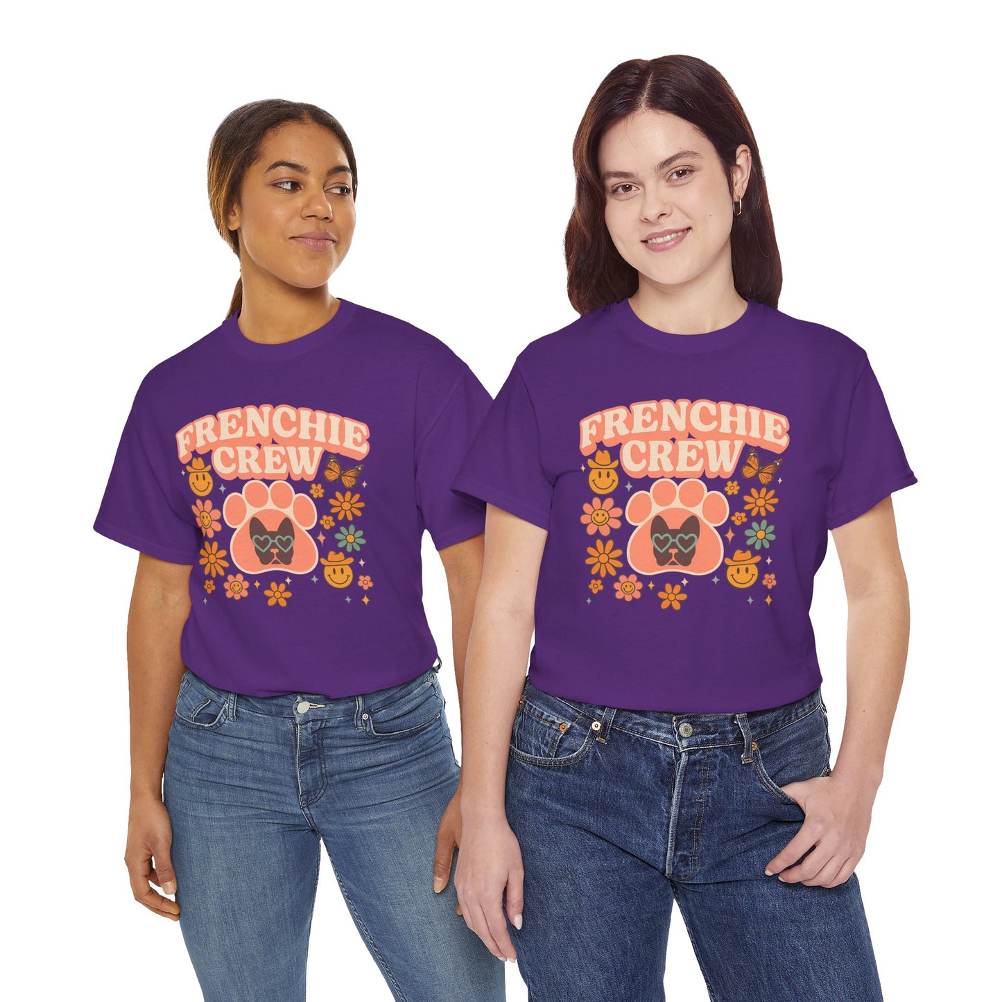 Frenchie Crew T-Shirt | Retro 70s Floral French Bulldog Tee | Groovy Dog Mom Shirt | Frenchie Lover Gift | Vintage Aesthetic Graphic Tee