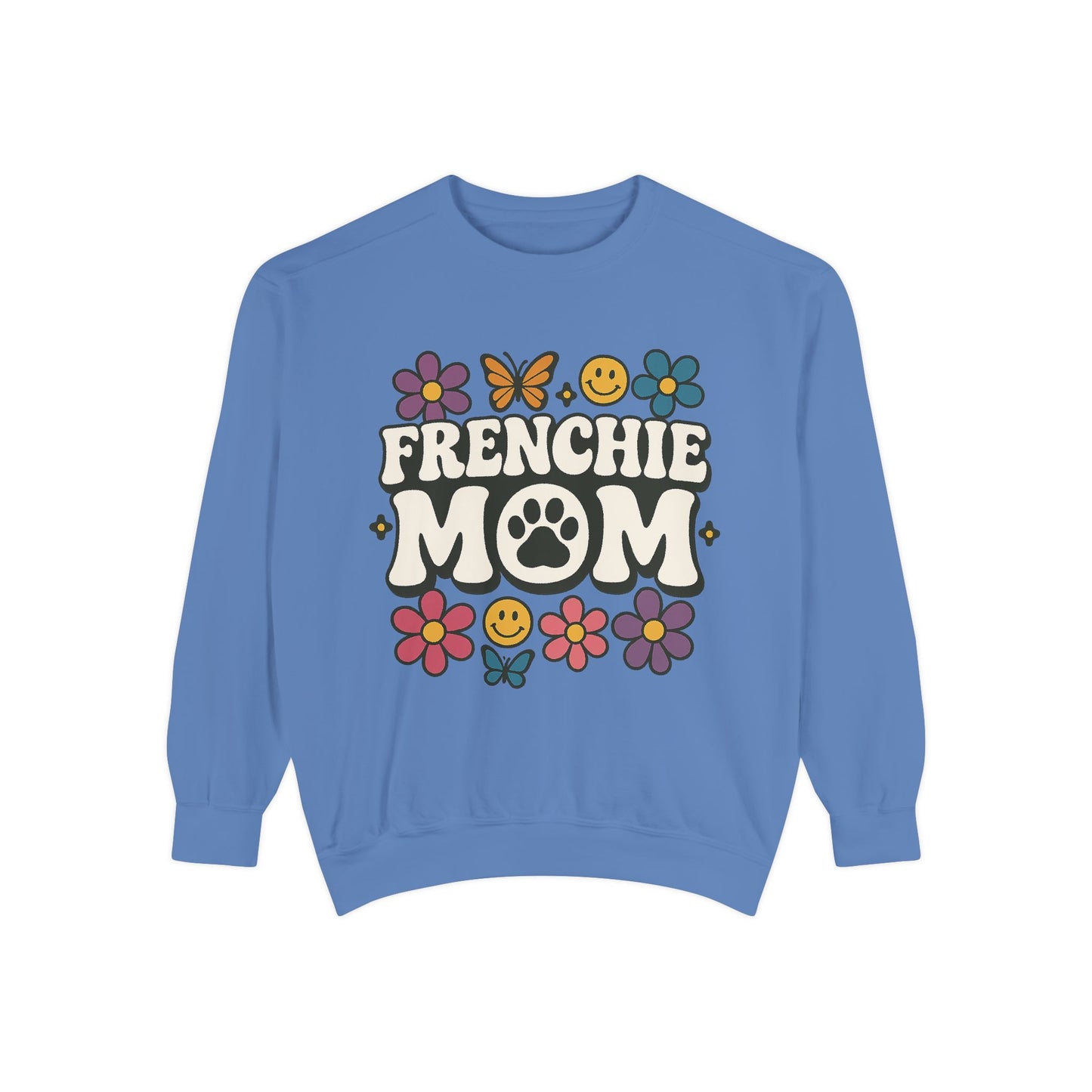 Frenchie Mom Sweatshirt | Retro Groovy Dog Lover Pullover | Smiley Flower French Bulldog Crewneck | Cute Colorful Dog Mom Sweater