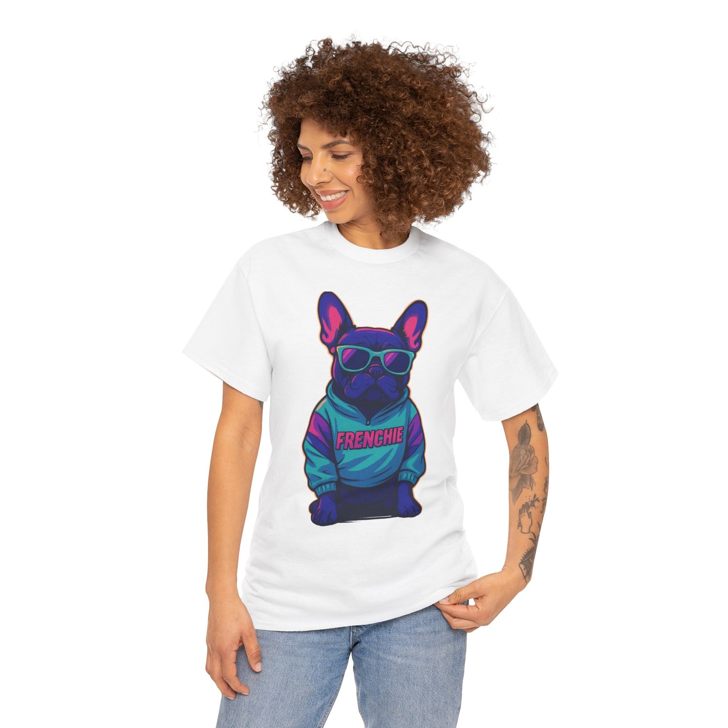Vaporwave Frenchie T-Shirt | Retro Neon Dog Graphic | 80s Style French Bulldog Tee | Colorful Streetwear Gift for Dog Lovers | Cool Pet Apparel