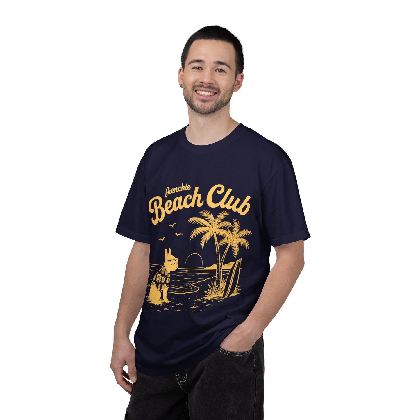 Frenchie Beach Club T-Shirt — Cute French Bulldog Surfing Palm Beach Tee