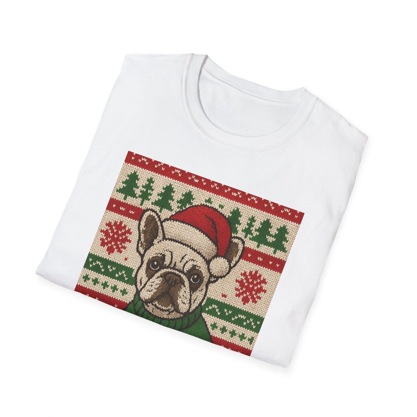 Frenchie Christmas T-Shirt – Cute French Bulldog Ugly Sweater Style Tee, Holiday Dog Lover Shirt, Funny Christmas Frenchie Gift