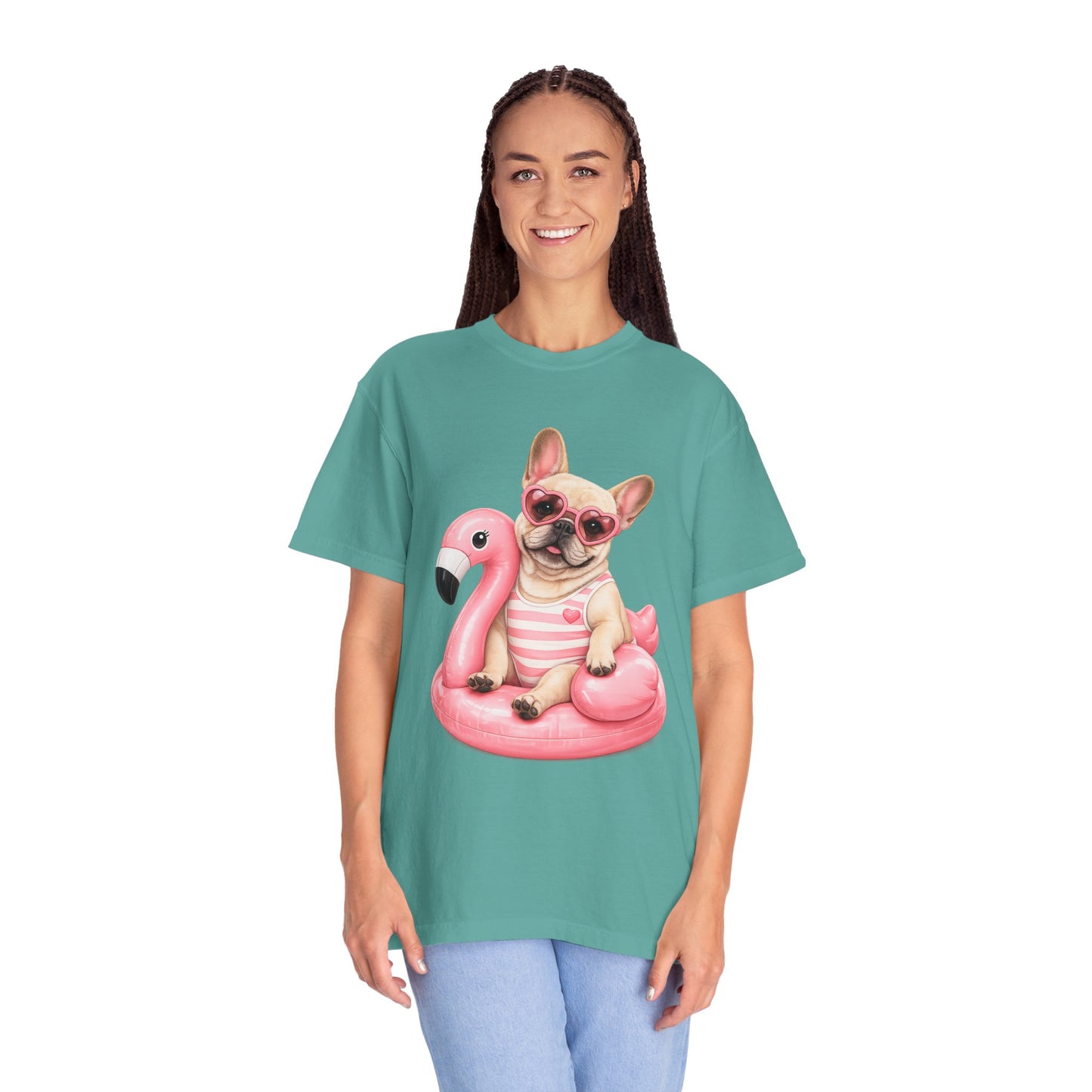 French Bulldog on Pink Flamingo Float T-Shirt — Cute Summer Dog Tee