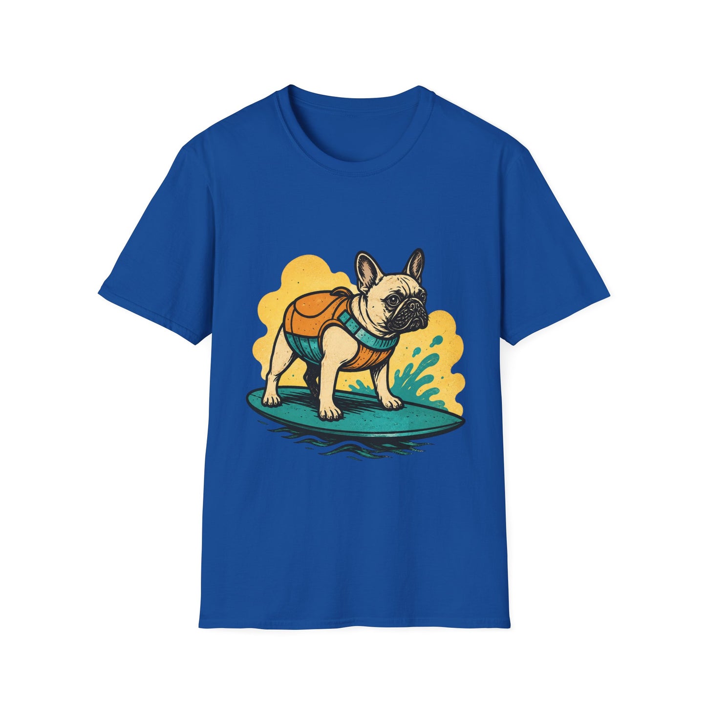 French Bulldog Surf T‑Shirt — Cute Dog with Backpack Beach Tee