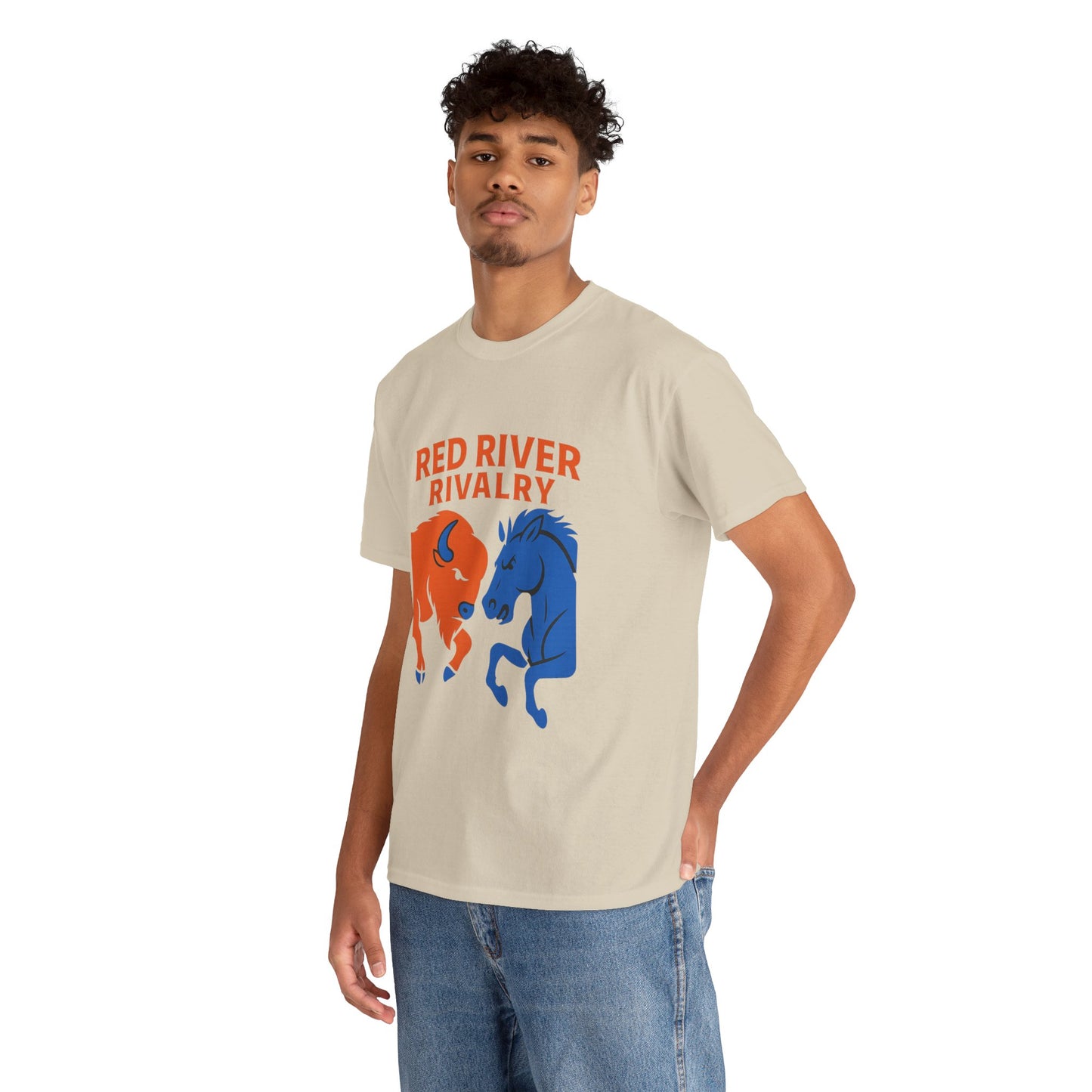 Red River Rivalry T-Shirt – Oklahoma vs Texas-Inspired Tee, Bison and Mustang Game Day Shirt, Blue and Orange Sports Rivalry Graphic