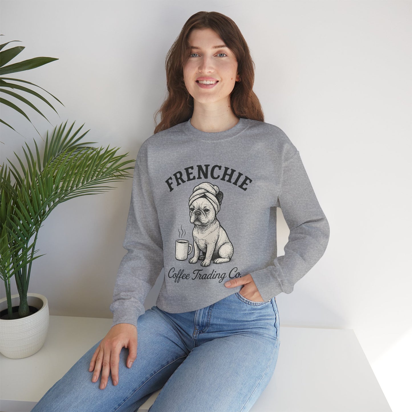Frenchie Coffee Trading Co. Sweatshirt – Cozy French Bulldog Coffee Lover Crewneck, Vintage Café Dog Sweater, Cute Pet Gift