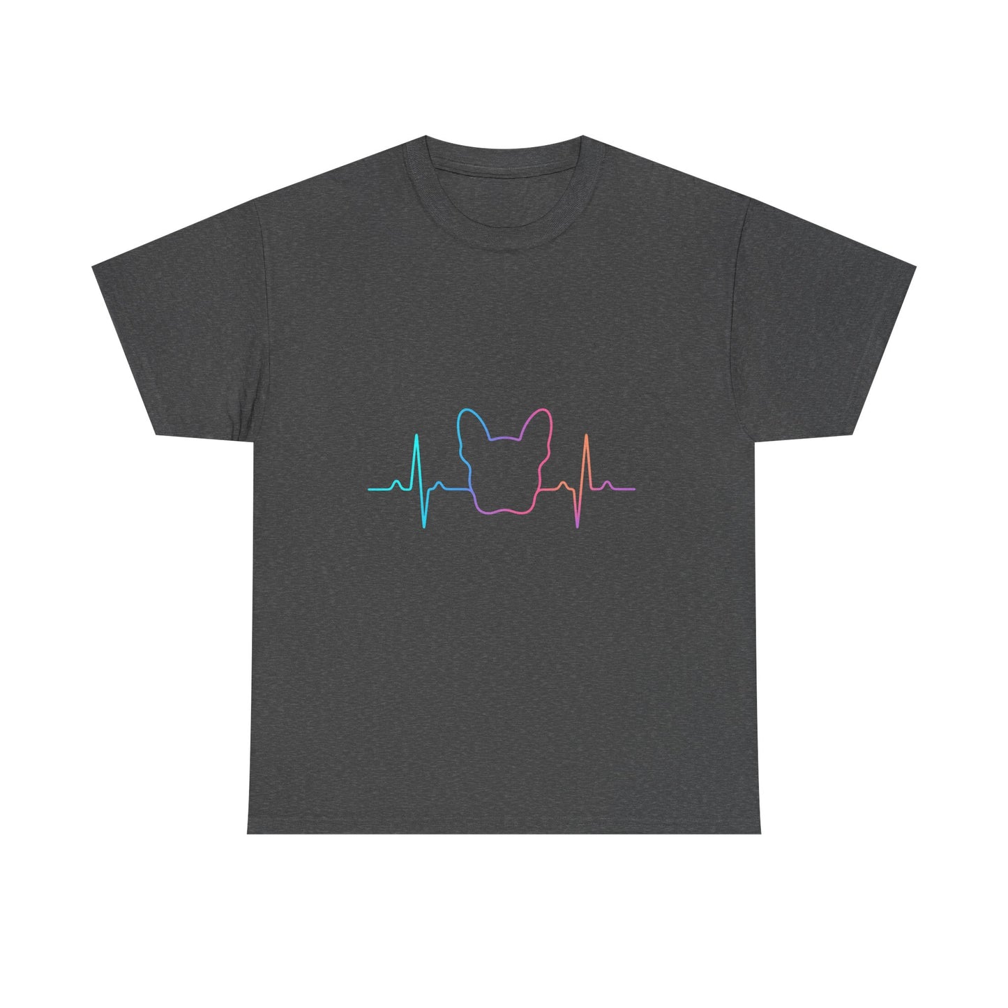 Rainbow Frenchie Heartbeat T-Shirt – Minimalist French Bulldog Line Art Tee, Neon Dog Lover Gift, Pet Mom or Dad Shirt
