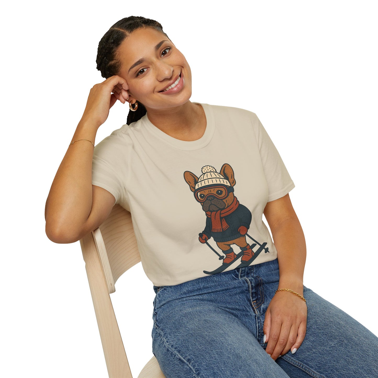 French Bulldog Skiing T-Shirt, Winter Frenchie Shirt, Ski Dog Graphic Tee, Cute Snow Dog Gift, Funny Frenchie Lover Shirt, Skiing Pup Tee