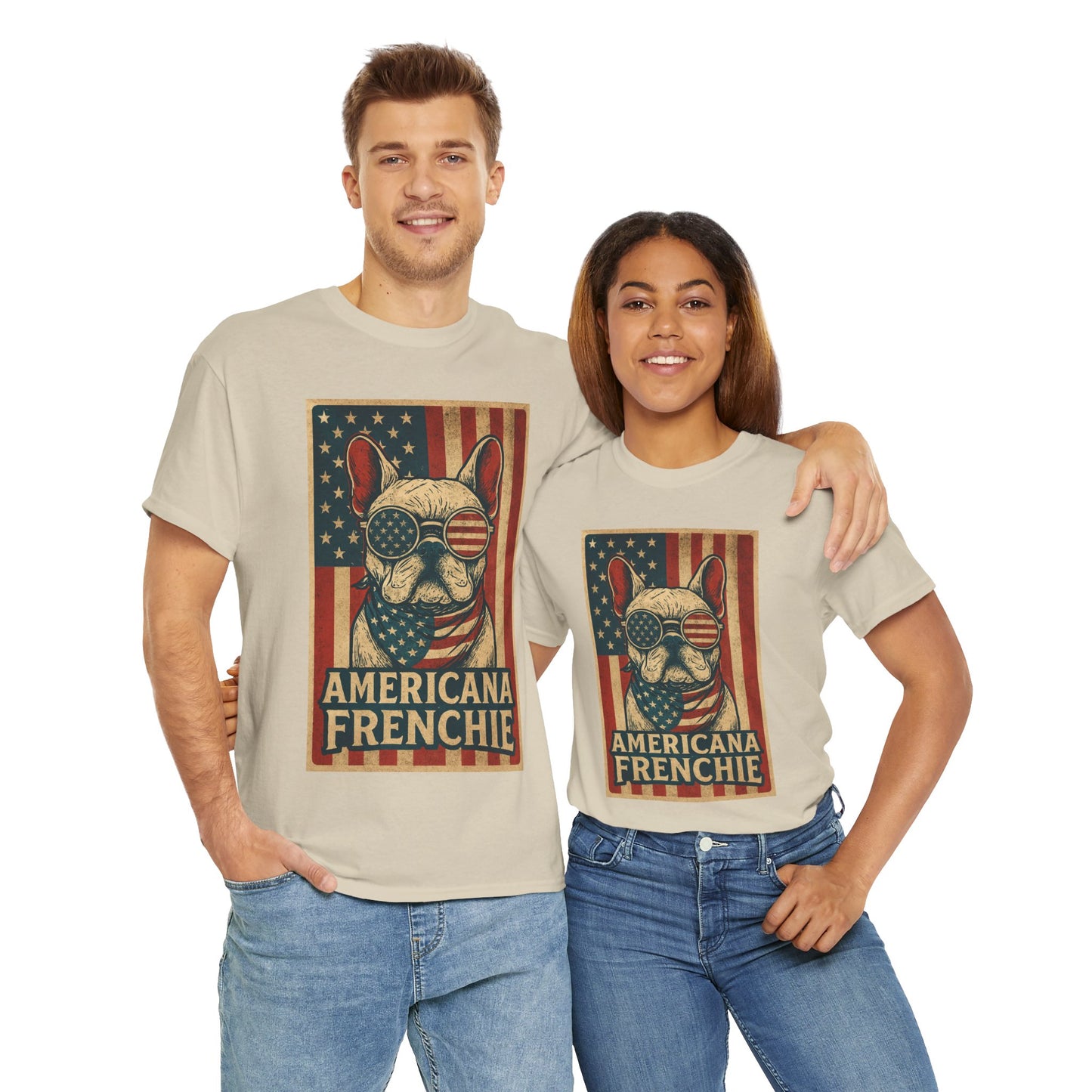 Americana Frenchie T-Shirt – Patriotic French Bulldog Tee, USA Flag Dog Shirt, 4th of July Frenchie Gift, Vintage Retro Style