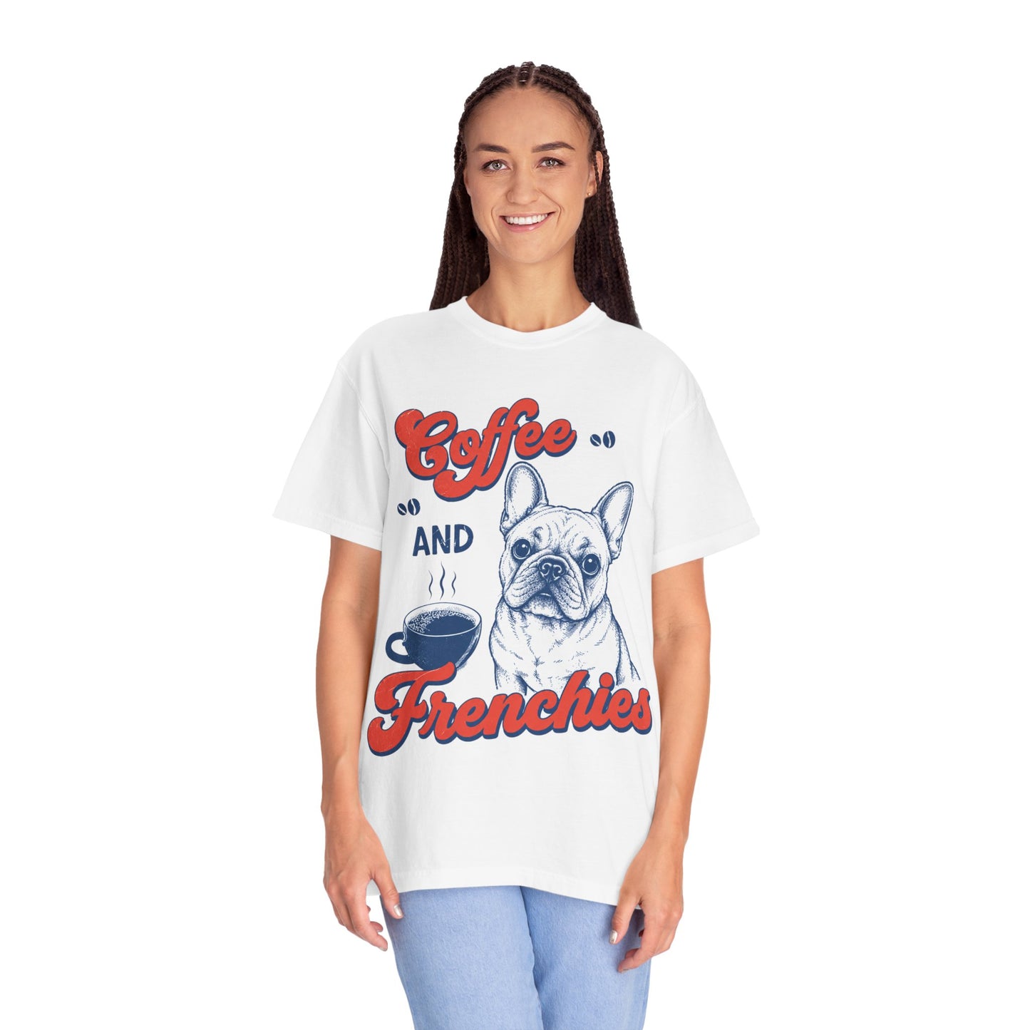 Coffee and Frenchies Shirt, French Bulldog Coffee Tee, Frenchie Lover T-Shirt, Dog Mom Coffee Shirt, Cute French Bulldog Graphic Tee, Coffee Lover Gift