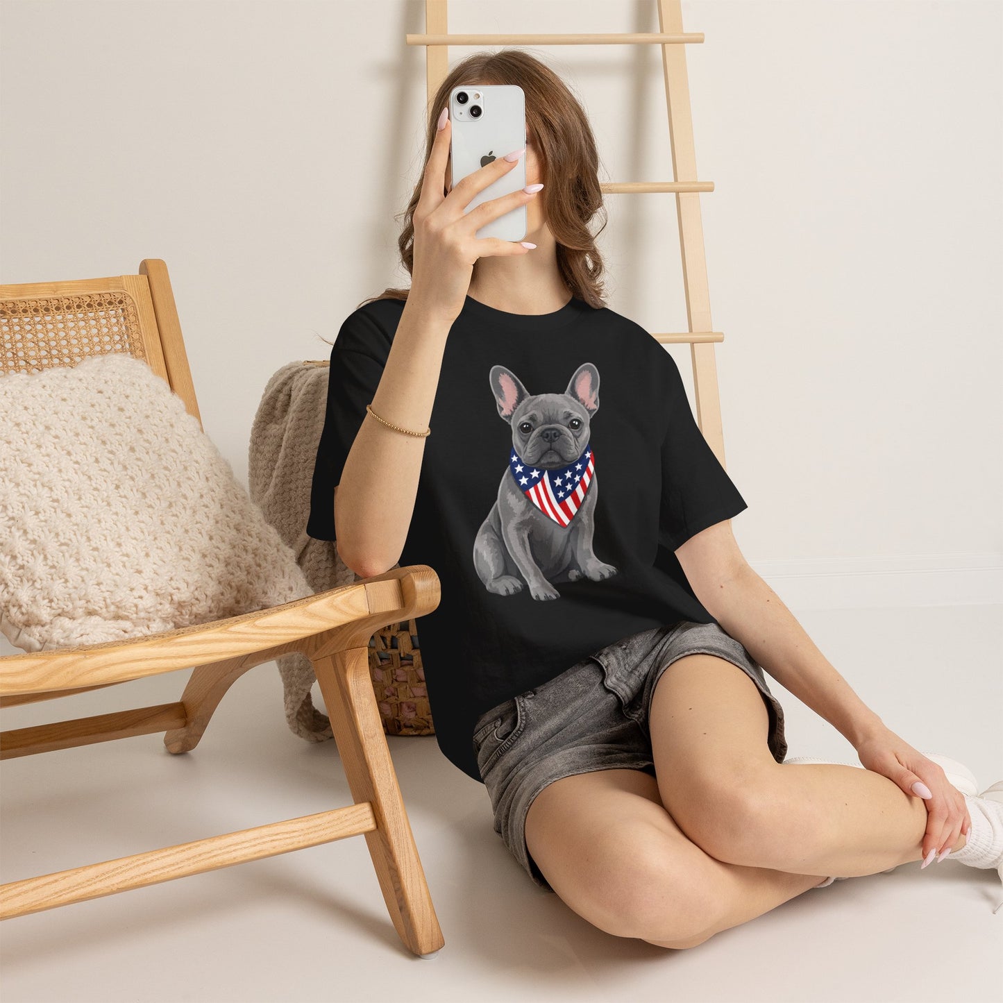 Patriotic French Bulldog Shirt, Blue Frenchie American Flag Bandana Tee, Fourth of July Dog Lover Shirt, USA French Bulldog Gift