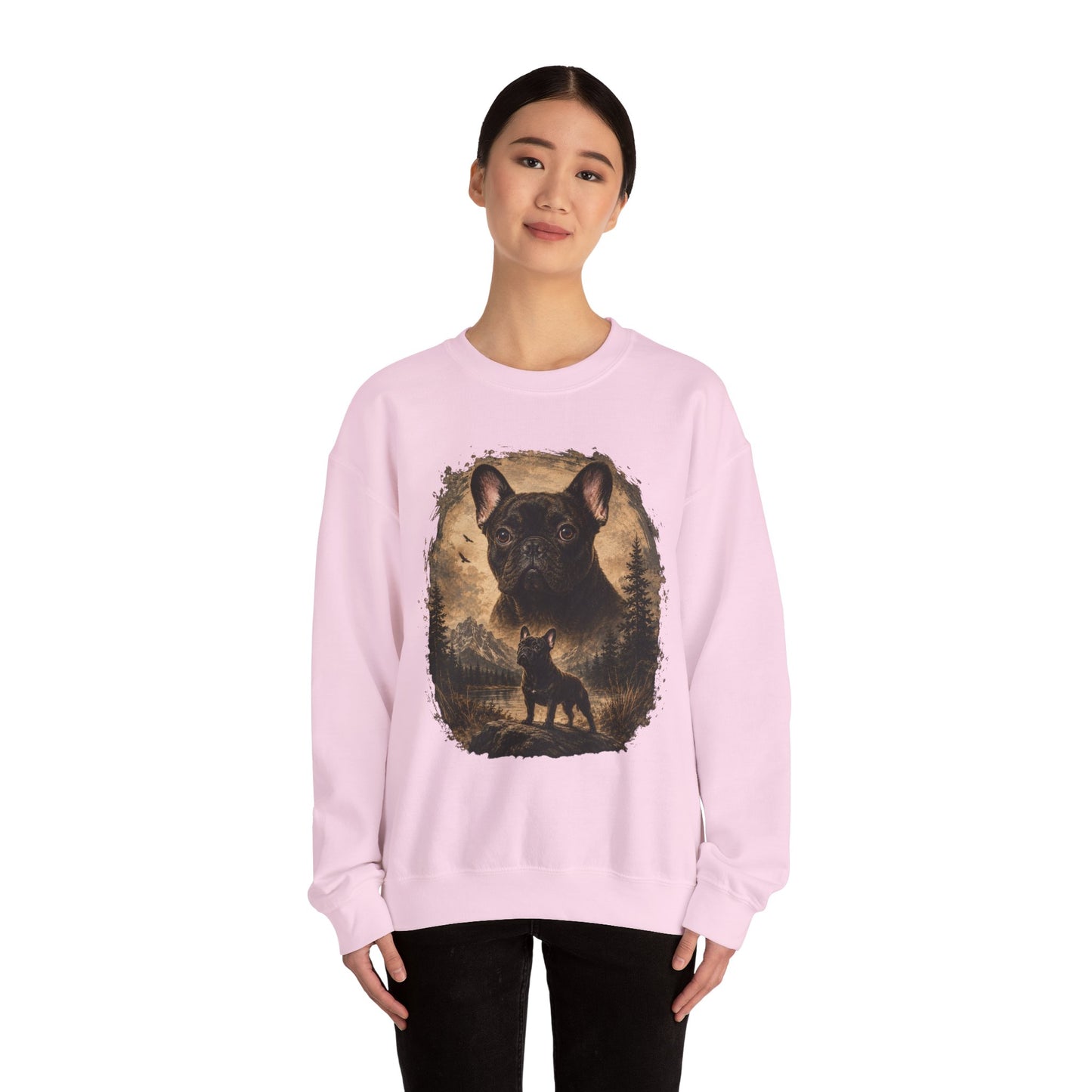 Black French Bulldog Sweatshirt, Rustic Frenchie Crewneck, Vintage Nature French Bulldog Sweatshirt, Dog Lover Gift, Black Frenchie Pullover, Camping Sweatshirt, Cozy Dog Apparel