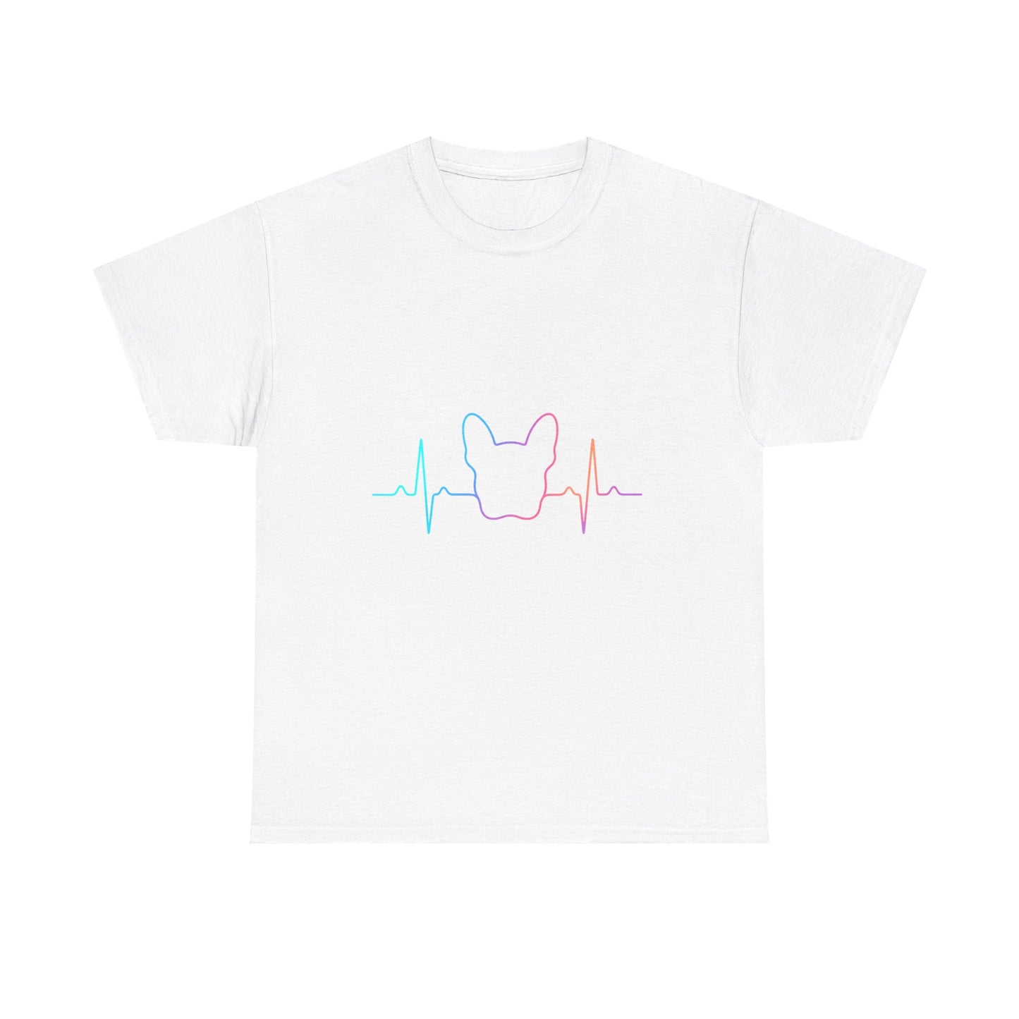 Rainbow Frenchie Heartbeat T-Shirt – Minimalist French Bulldog Line Art Tee, Neon Dog Lover Gift, Pet Mom or Dad Shirt