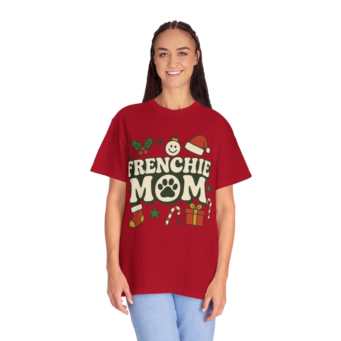 Merry Frenchie Mom T-Shirt | Christmas Dog Mom Tee | Festive French Bulldog Top | Cute Holiday Dog Lover Gift Shirt