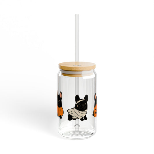 Sipper Glass - Frenchie Halloween Pumpkins Design, 16oz