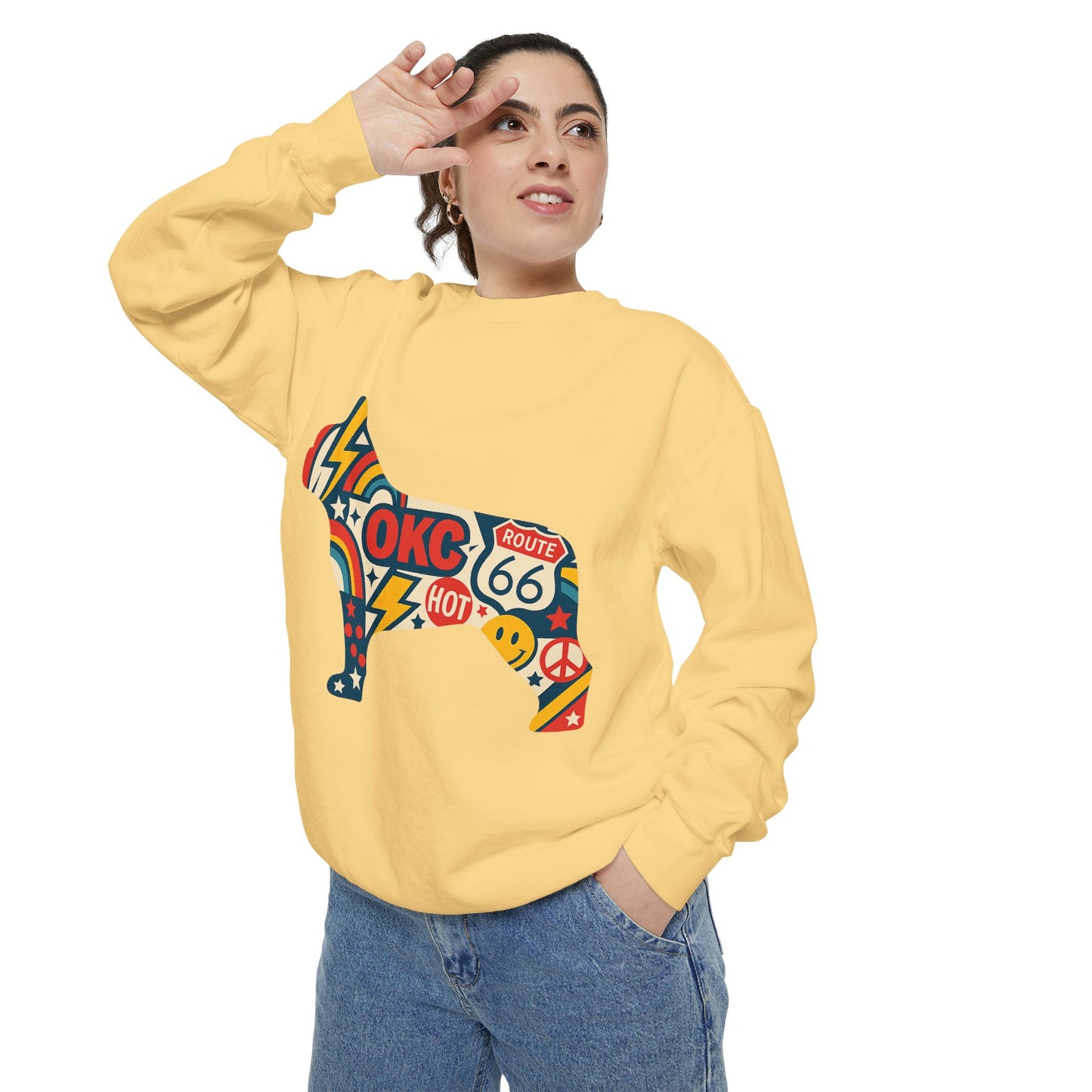 OKC Frenchie Route 66 Sweatshirt | Retro Oklahoma Pullover | Blue Orange Dog Lover Crewneck