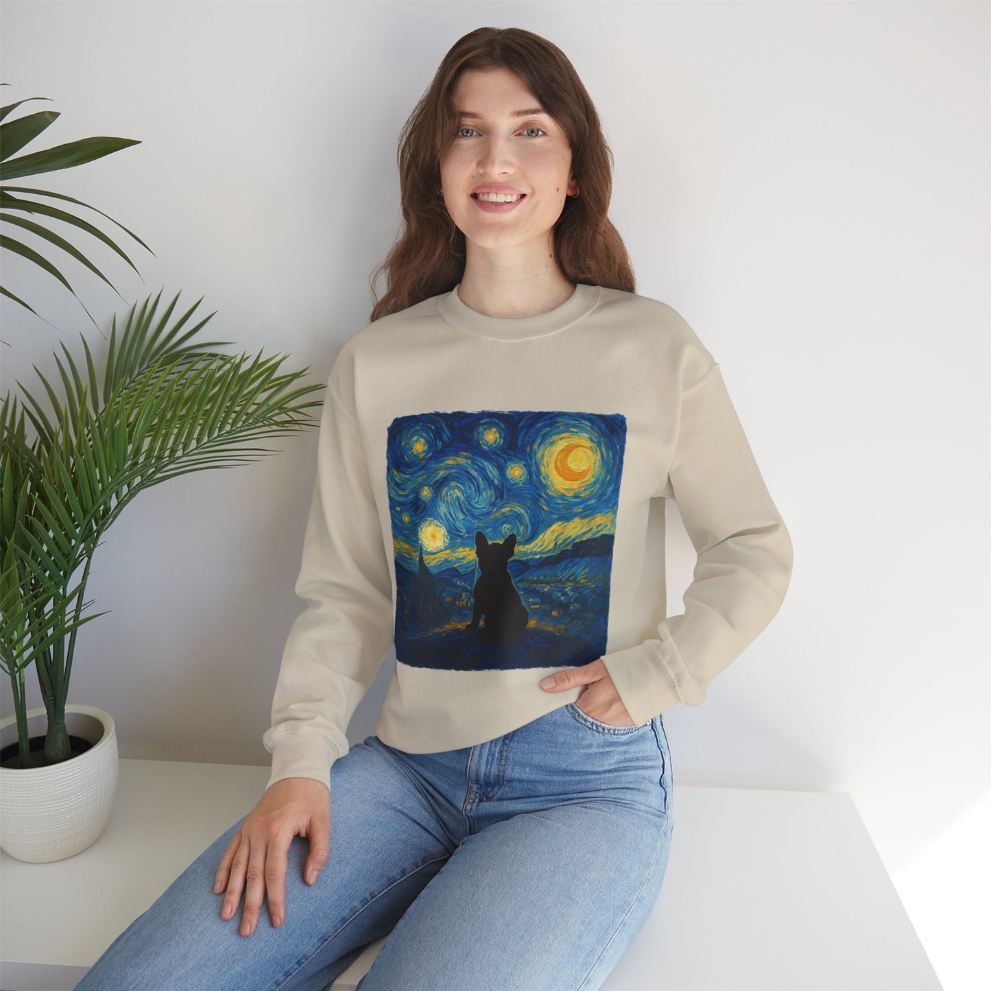 Starry Night Frenchie Sweatshirt – Van Gogh Inspired French Bulldog Art Crewneck, Cozy Dog Lover Gift, Retro Frenchie Sweater