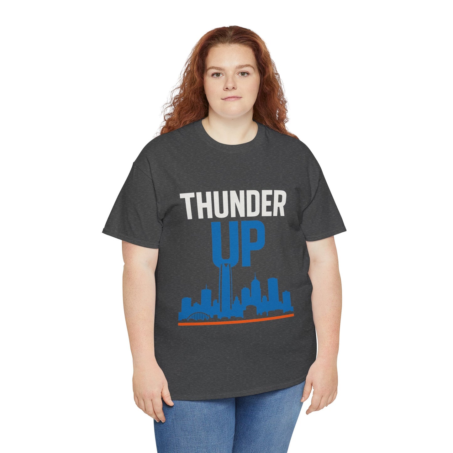 Thunder Up Oklahoma City Skyline Shirt – OKC Basketball Fan Tee, Blue & Orange City Skyline Graphic, Oklahoma Hoops Spirit Wear, Game Day T-Shirt