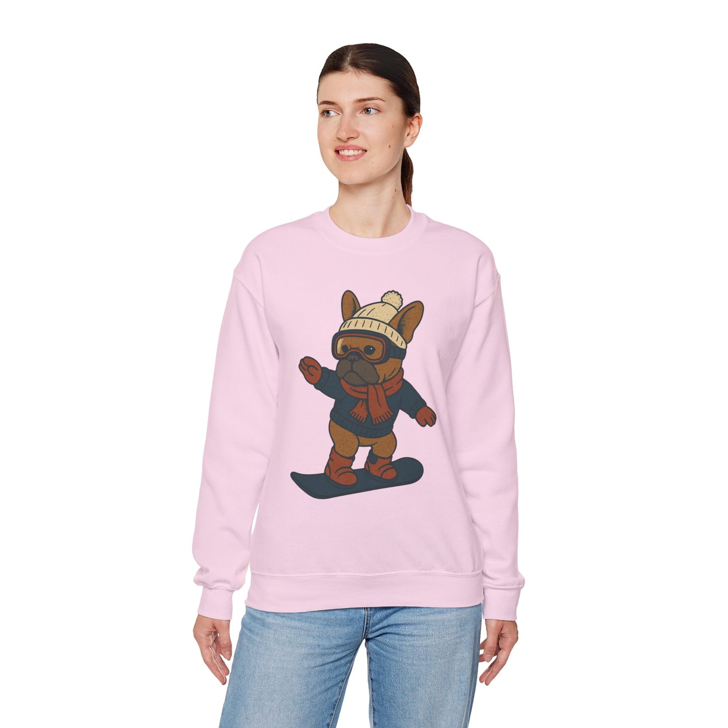Snowboarding Frenchie Sweatshirt – Cute French Bulldog Winter Sweater, Snowboard Dog Pullover, Cozy Holiday Ski Dog Crewneck, Frenchie Lover Gift