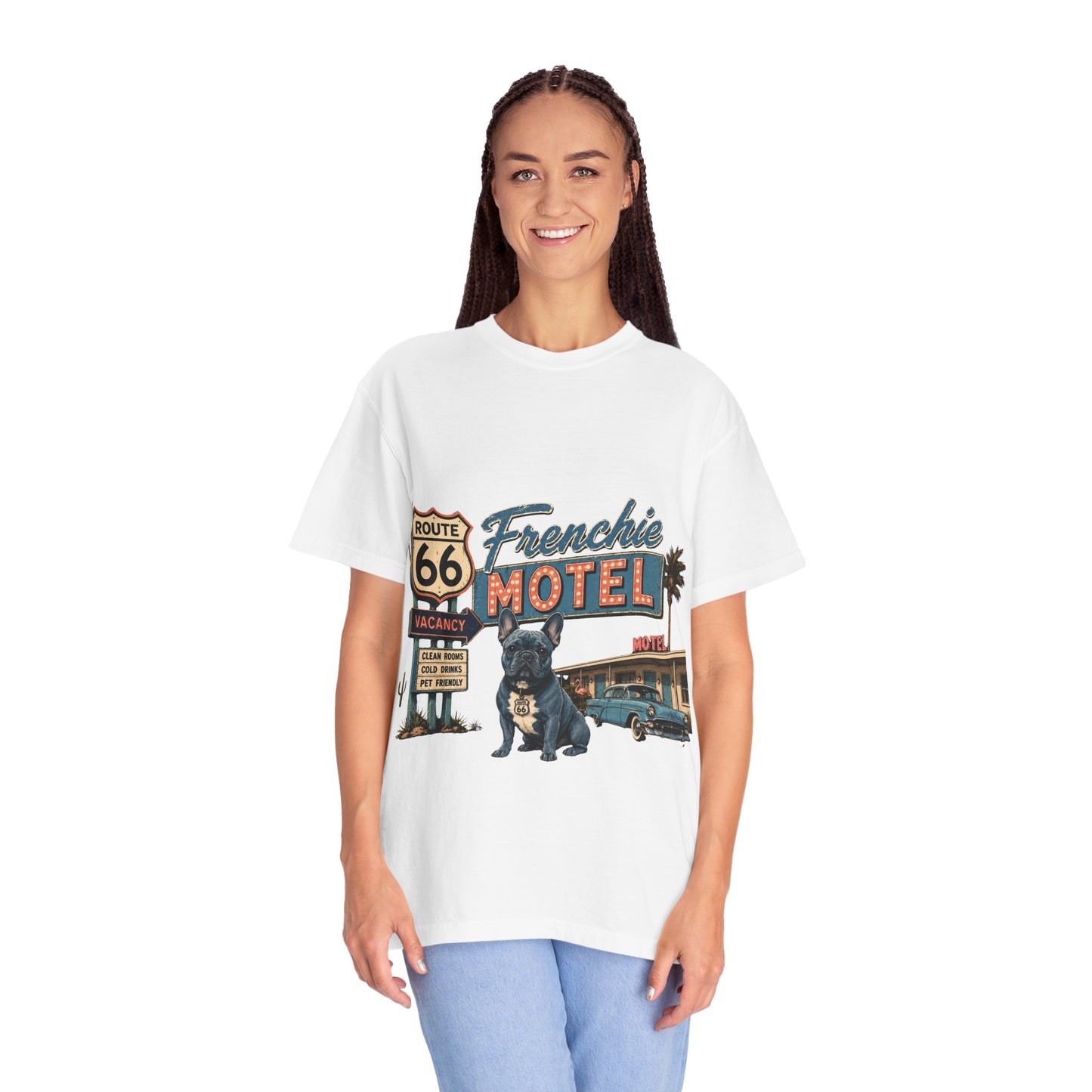 Route 66 Frenchie Motel Shirt, French Bulldog Retro Travel Tee, Vintage Road Trip Shirt, Dog Lover Graphic Tee, Route 66 Dog Shirt, Frenchie Motel T-Shirt, Retro Americana Gift