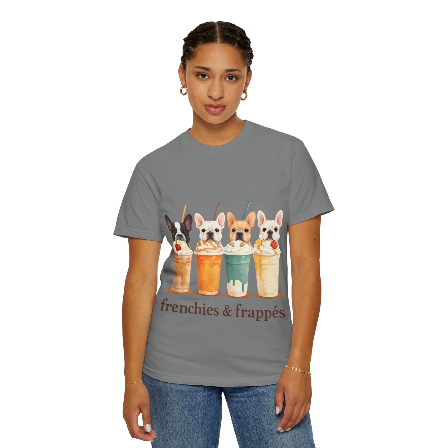 Frenchies & Frappés Shirt, French Bulldog Coffee Shirt, Cute Frenchie Café Tee, Coffee Lover Dog Shirt, Dog Mom Gift, French Bulldog Graphic Tee