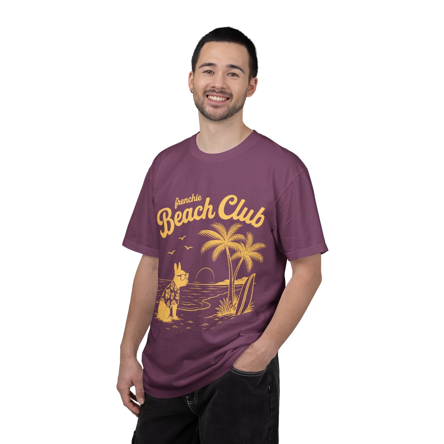Frenchie Beach Club T-Shirt — Cute French Bulldog Surfing Palm Beach Tee