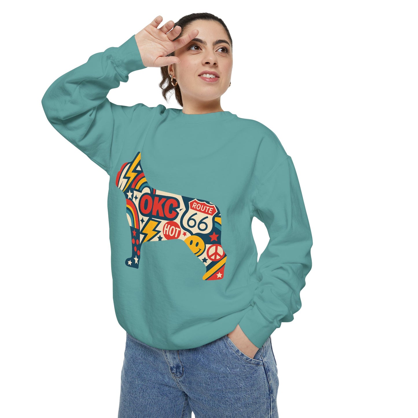 OKC Frenchie Route 66 Sweatshirt | Retro Oklahoma Pullover | Blue Orange Dog Lover Crewneck