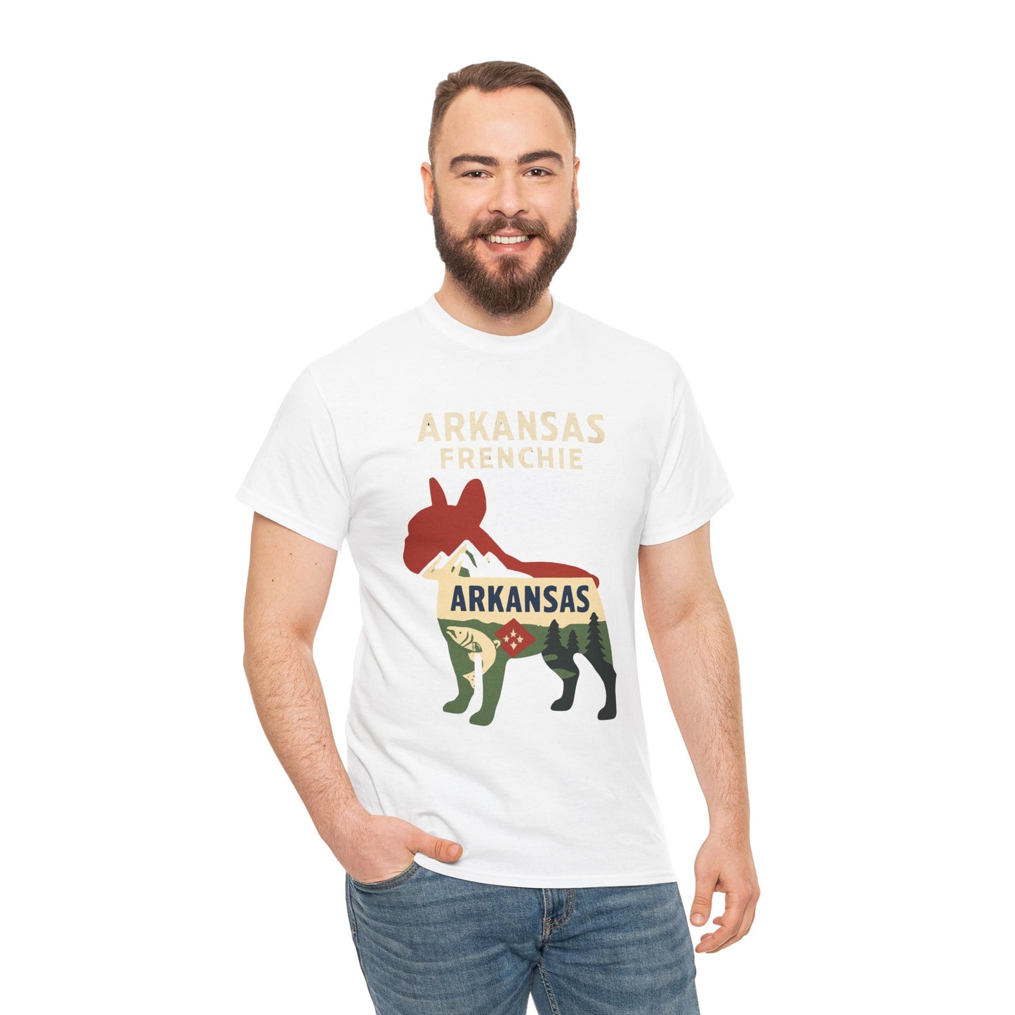 Arkansas Frenchie T-Shirt – French Bulldog State Pride Tee, Retro Arkansas Dog Lover Shirt, Nature Hiking Frenchie Gift