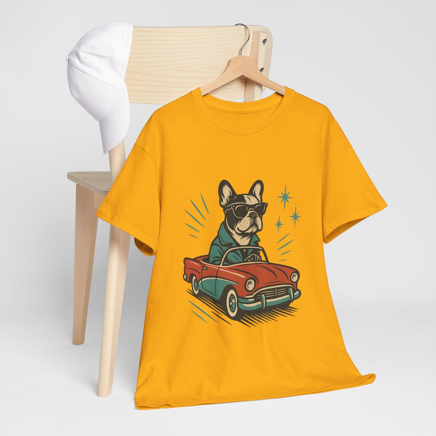 Rockabilly Frenchie T-Shirt | Retro French Bulldog Driving Tee | Vintage Car Dog Lover Shirt | Cool 50s Style Frenchie Graphic Tee
