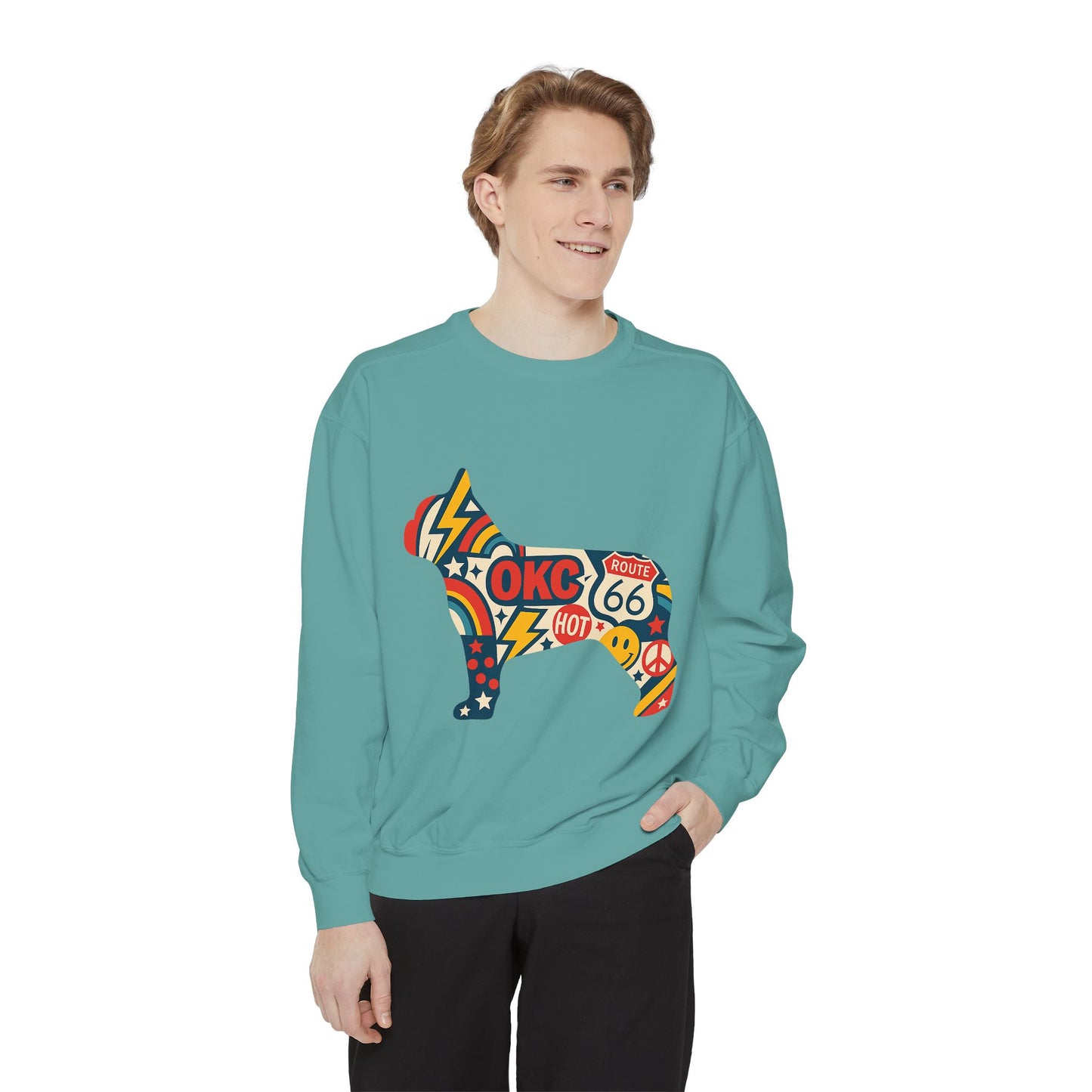 OKC Frenchie Route 66 Sweatshirt | Retro Oklahoma Pullover | Blue Orange Dog Lover Crewneck