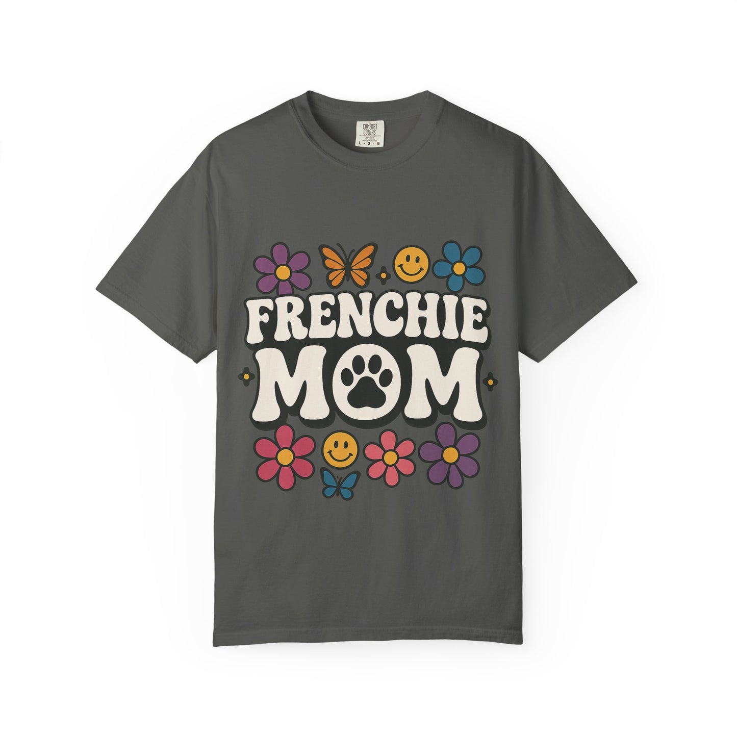 Frenchie Mom T-Shirt | Retro Groovy Dog Lover Tee | Smiley Flower French Bulldog Shirt | Cute Colorful Frenchie Gift for Her