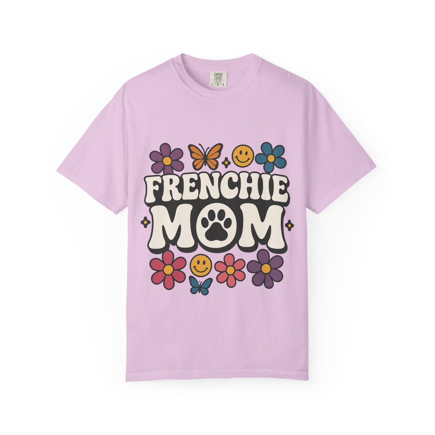 Frenchie Mom T-Shirt | Retro Groovy Dog Lover Tee | Smiley Flower French Bulldog Shirt | Cute Colorful Frenchie Gift for Her