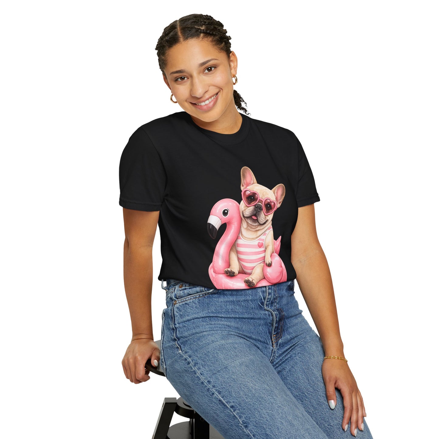 French Bulldog on Pink Flamingo Float T-Shirt — Cute Summer Dog Tee