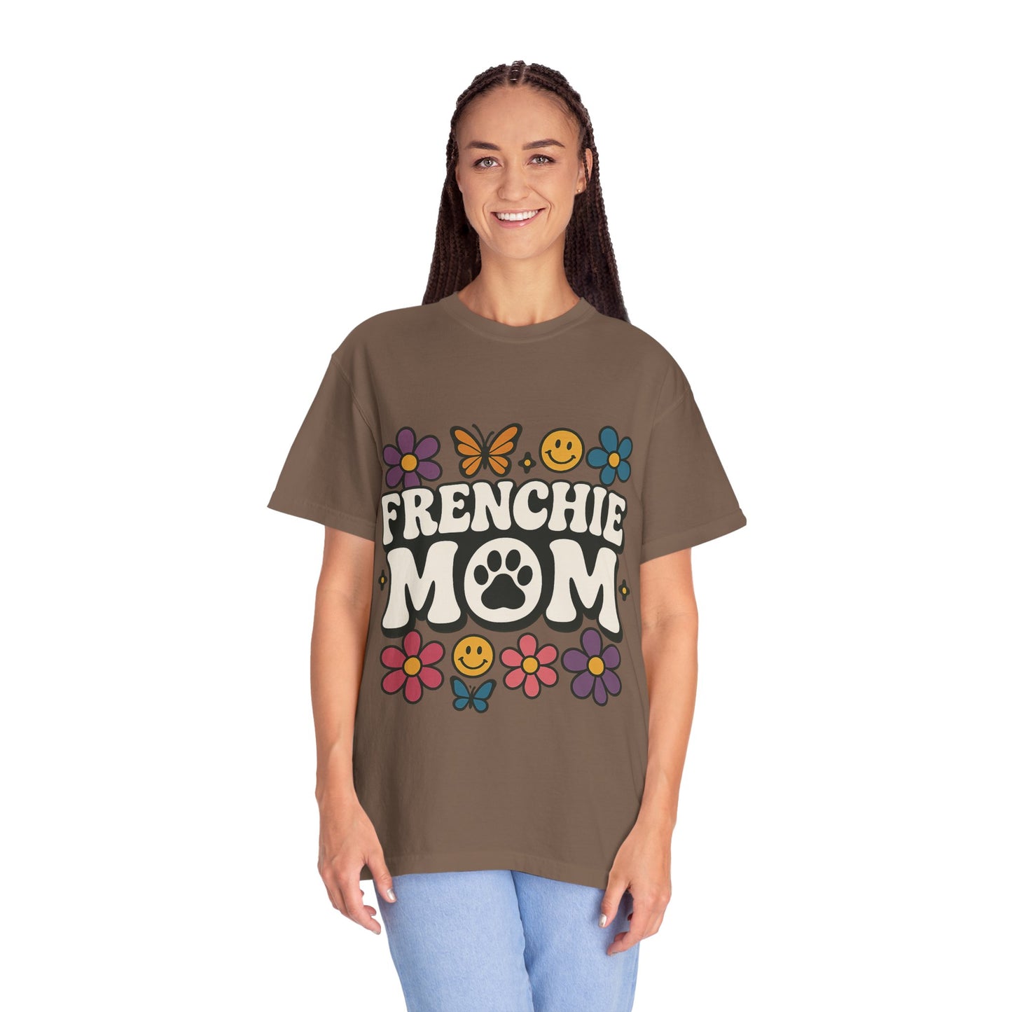 Frenchie Mom T-Shirt | Retro Groovy Dog Lover Tee | Smiley Flower French Bulldog Shirt | Cute Colorful Frenchie Gift for Her