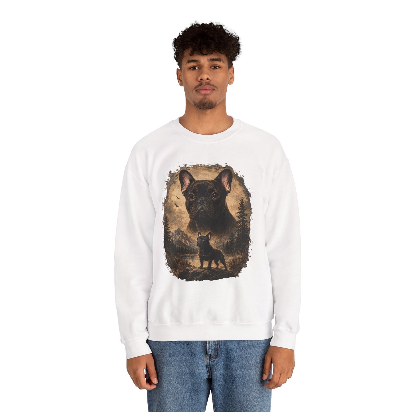 Black French Bulldog Sweatshirt, Rustic Frenchie Crewneck, Vintage Nature French Bulldog Sweatshirt, Dog Lover Gift, Black Frenchie Pullover, Camping Sweatshirt, Cozy Dog Apparel